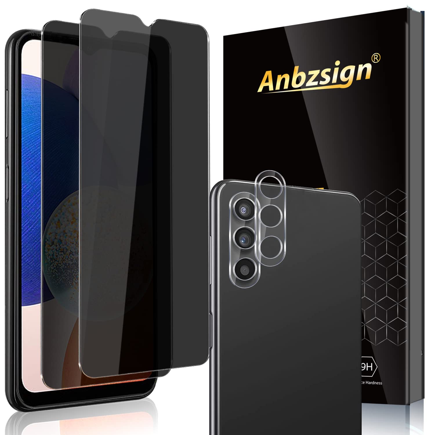 Anbzsign (2+2 Packs For Samsung Galaxy A14 5G Privacy Tempered Glass Screen Protector And Camera Lens Protector, Anti Spy 9H Har