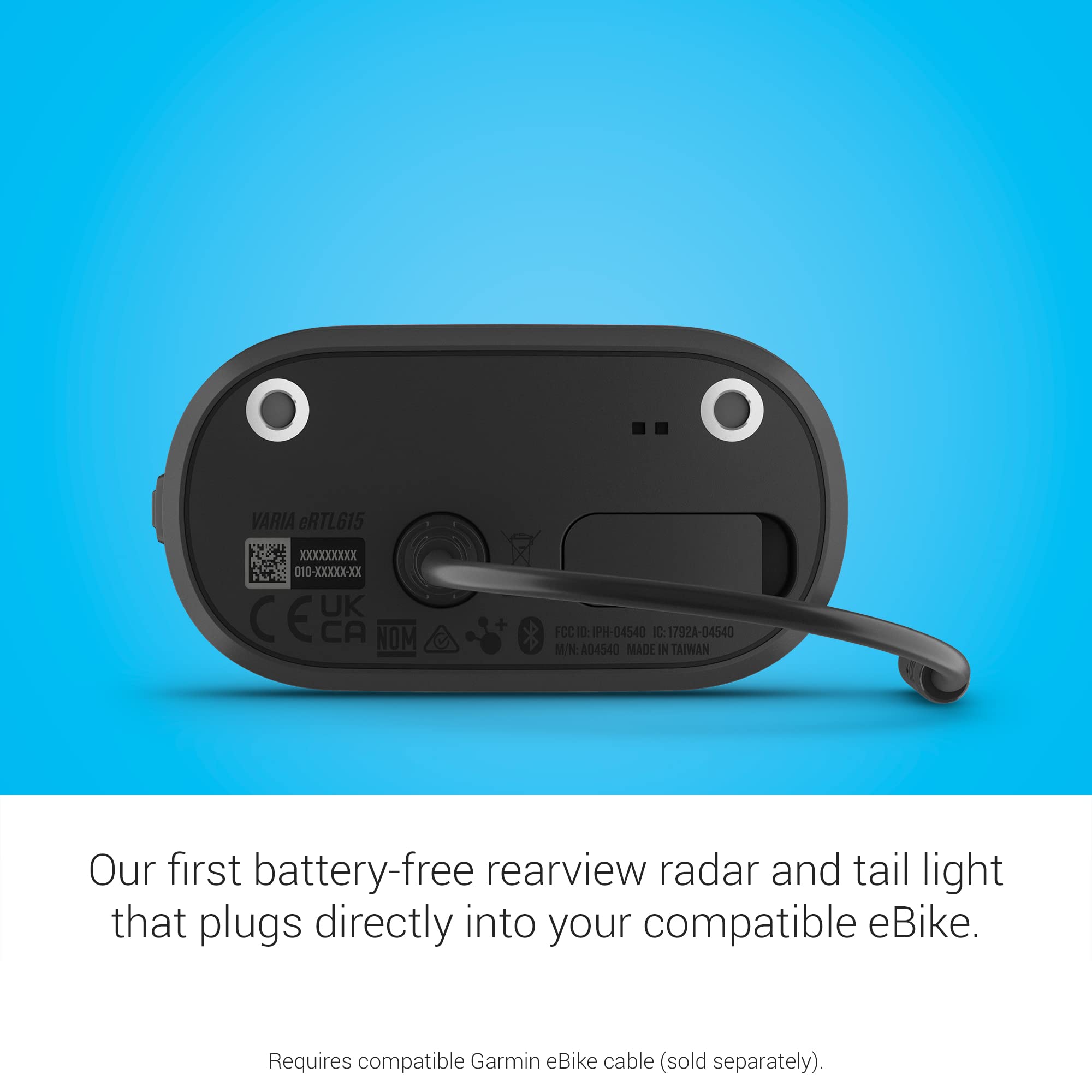 Garmin Varia Ertl615, Rearview Radar And Tail Light, Powered By Your Compatible Ebike, Visibility Up To 1 Mile Away