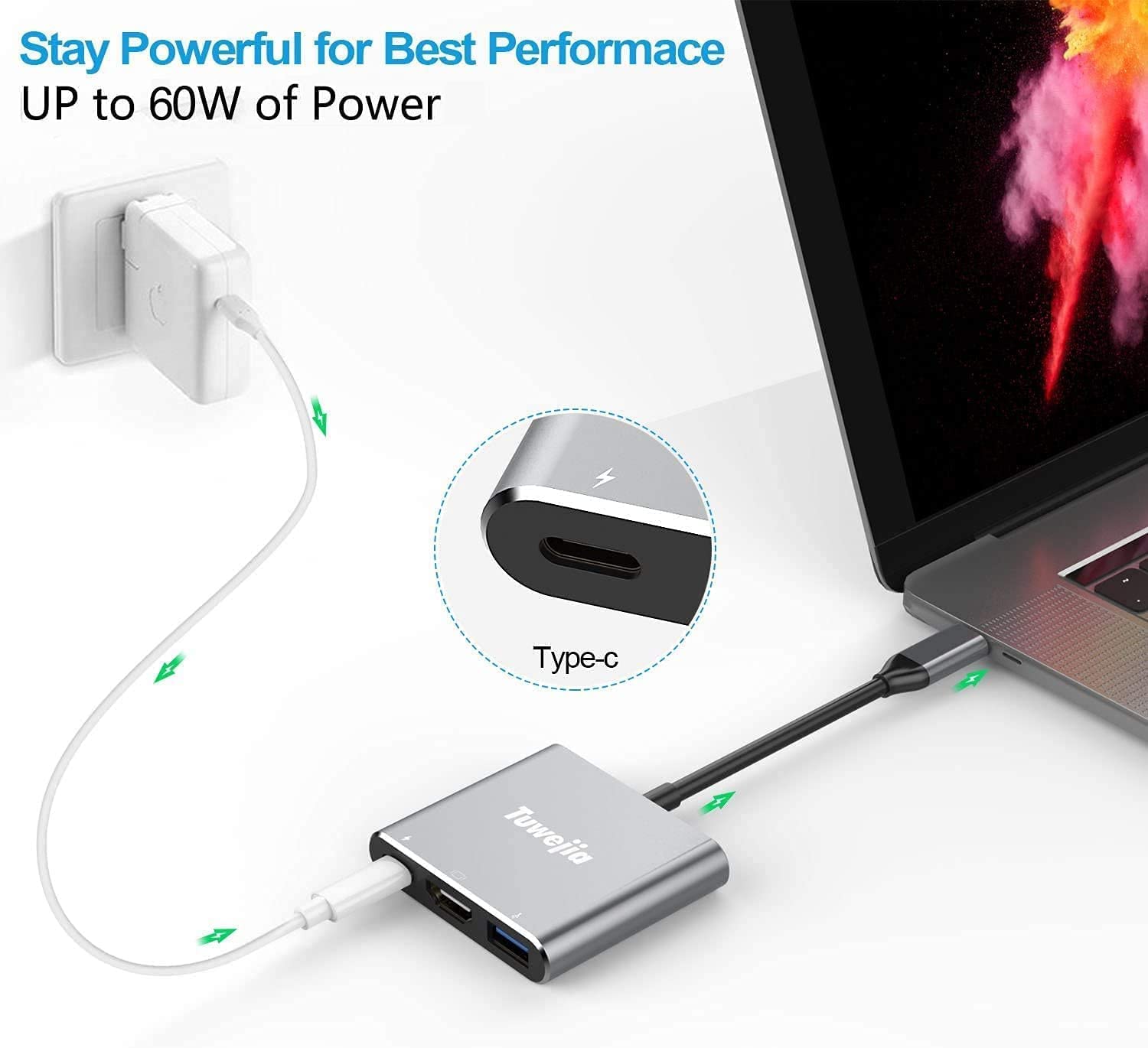 Tuwejia Usb C To Hdmi Multiport Adapter Usb 3.1 Gen 1 Thumderbolt 3 To Hdmi 4K Video Converter/Usb 3.0 Hub Pd Quick Charging Por
