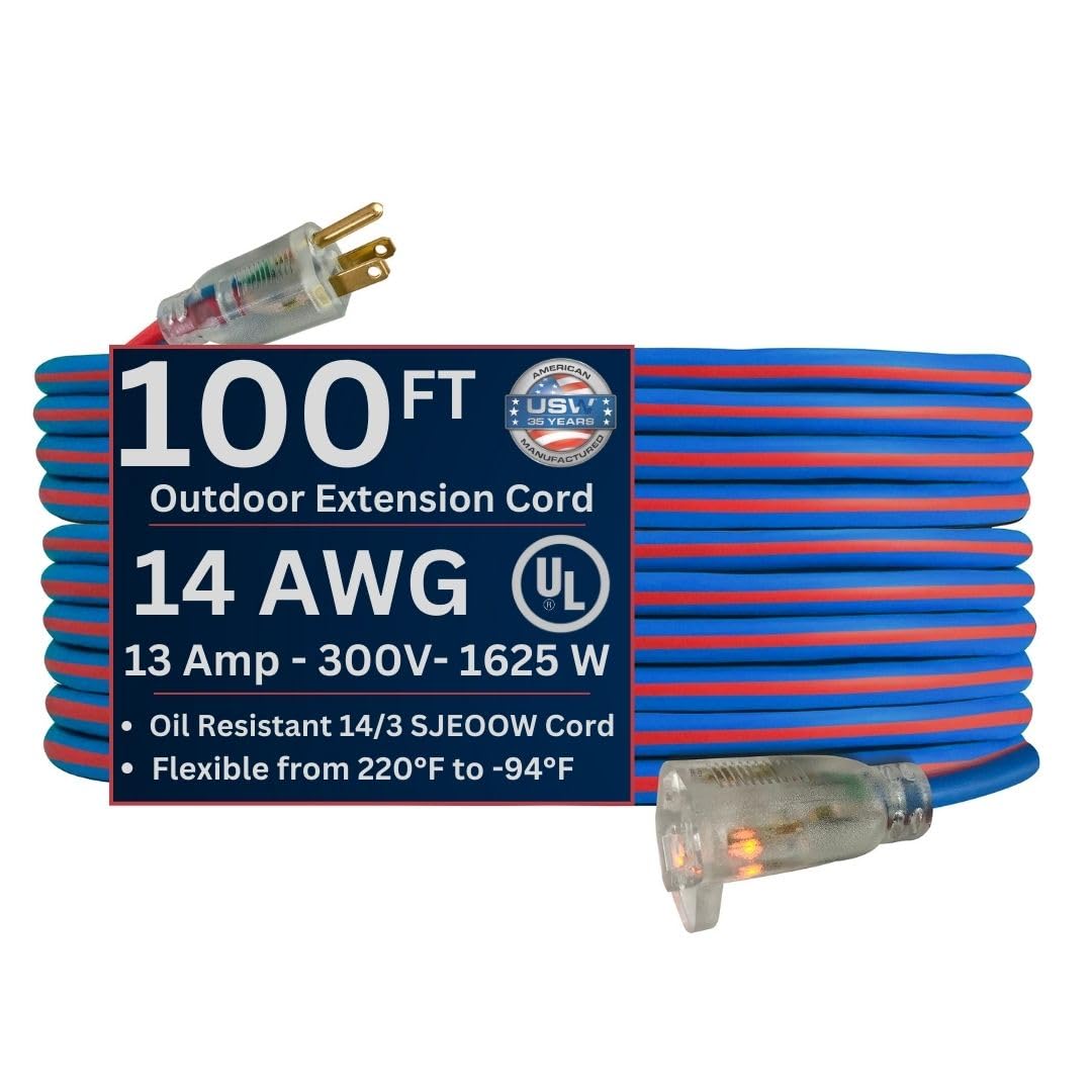 Us Wire And Cable 14/3 Gauge X 100-Ft Extreme Cold Weather Extension Cord - Heavy-Duty, 221F To - 94F Rating, Lighted Plug, Blue