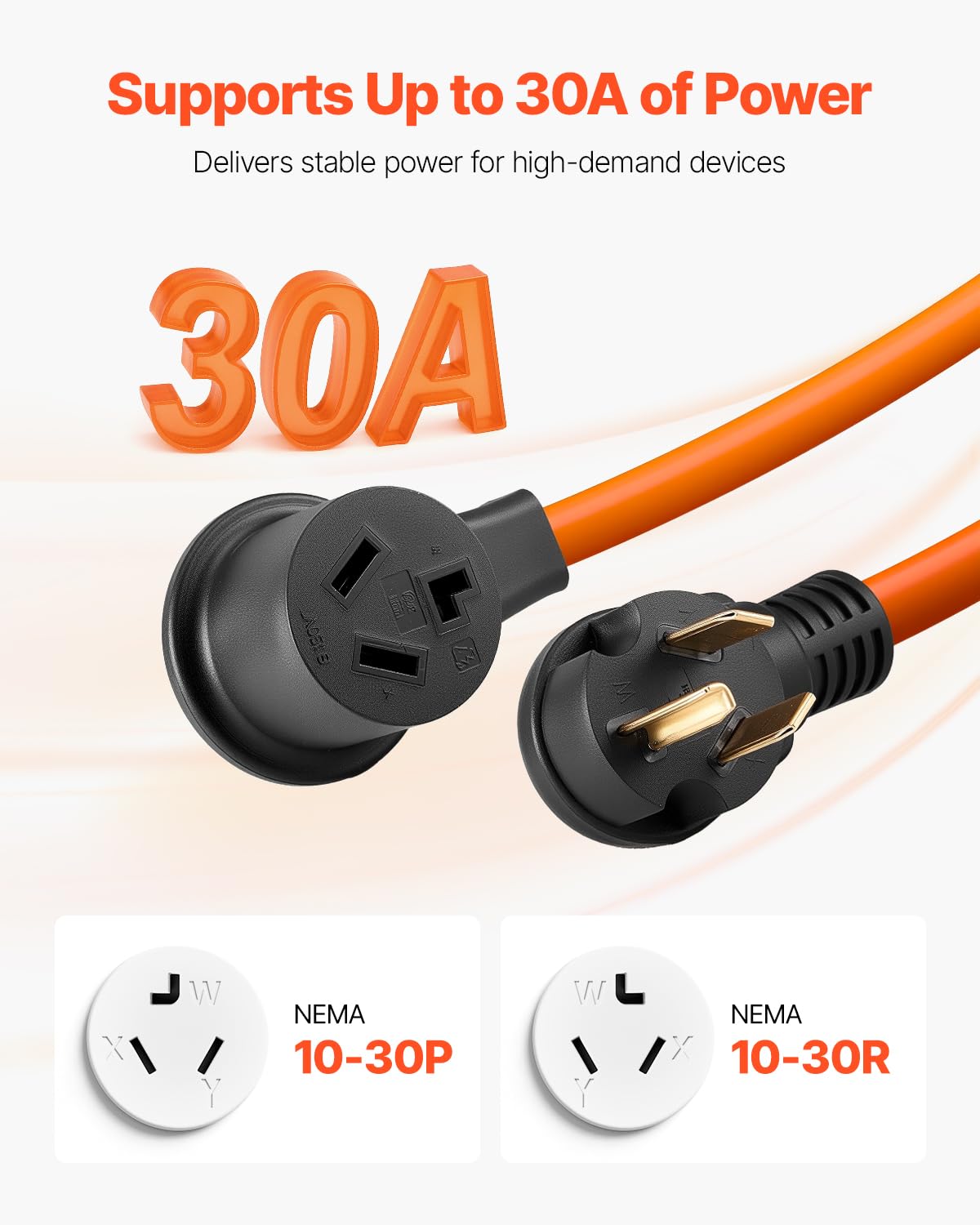 Vevor 50 Ft Dryer Extension Cord, 3-Prong Nema 10-30P To 10-30R Dryer Cord, 125V/250V Stw 10Awg/3C, 30A, Pure Copper Wire Cable