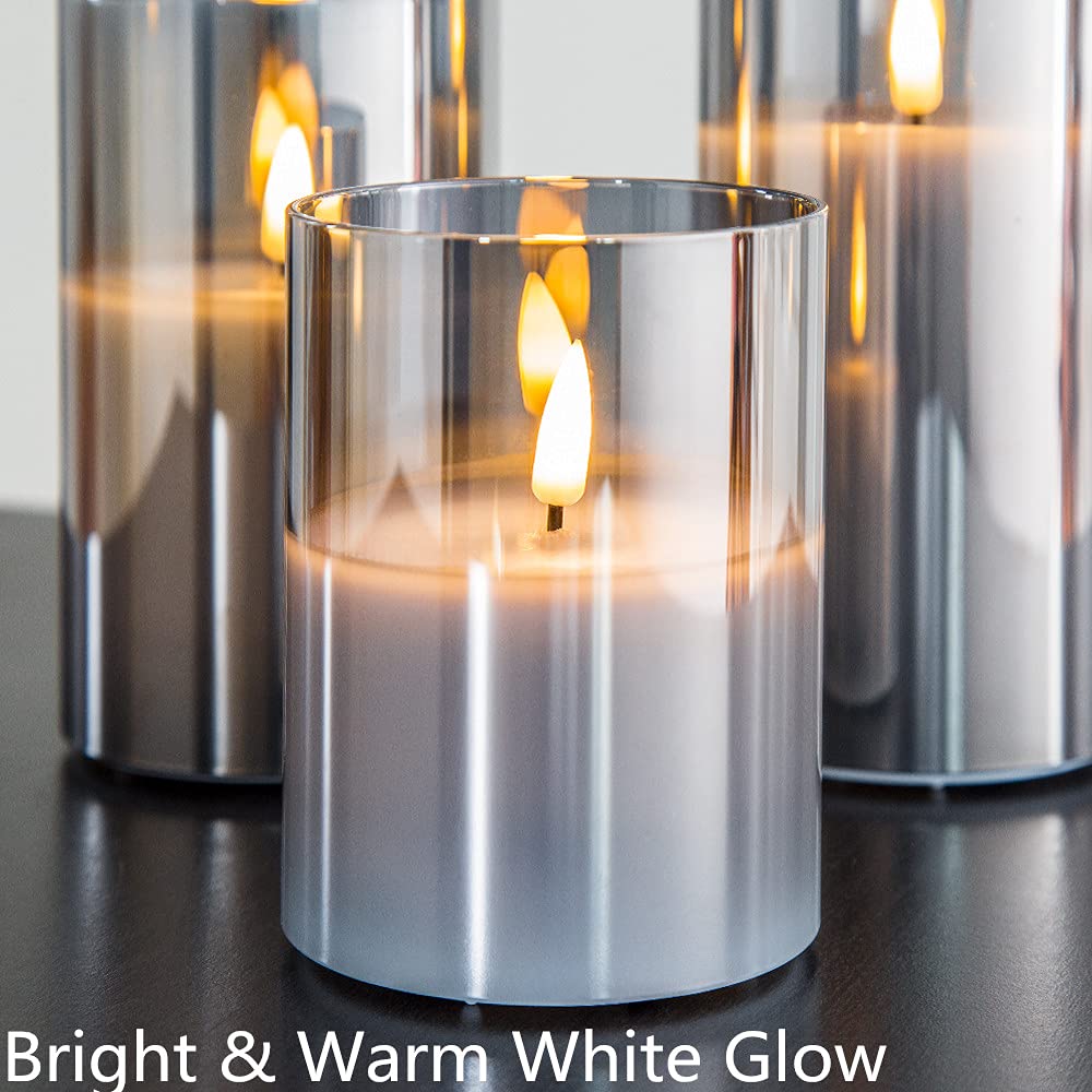 Eywamage Grey Glass Flameless Candles With Remote Battery Operated Flickering Led Pillar Candles Real Wax Wick F 3'' H 4'' 5'' 6