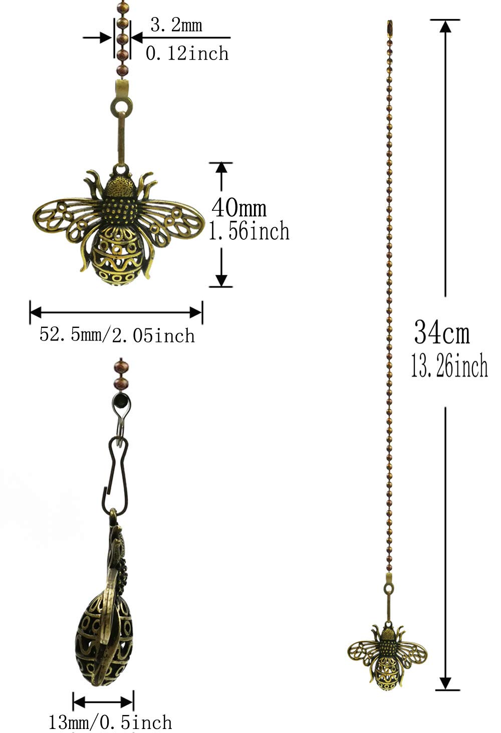 Hyamass 2Pcs 12 Inch Vintage Queen Bee Charm Pendant Ceiling Fan Danglers Fan Pulls Chain Extender With Ball Chain Connector