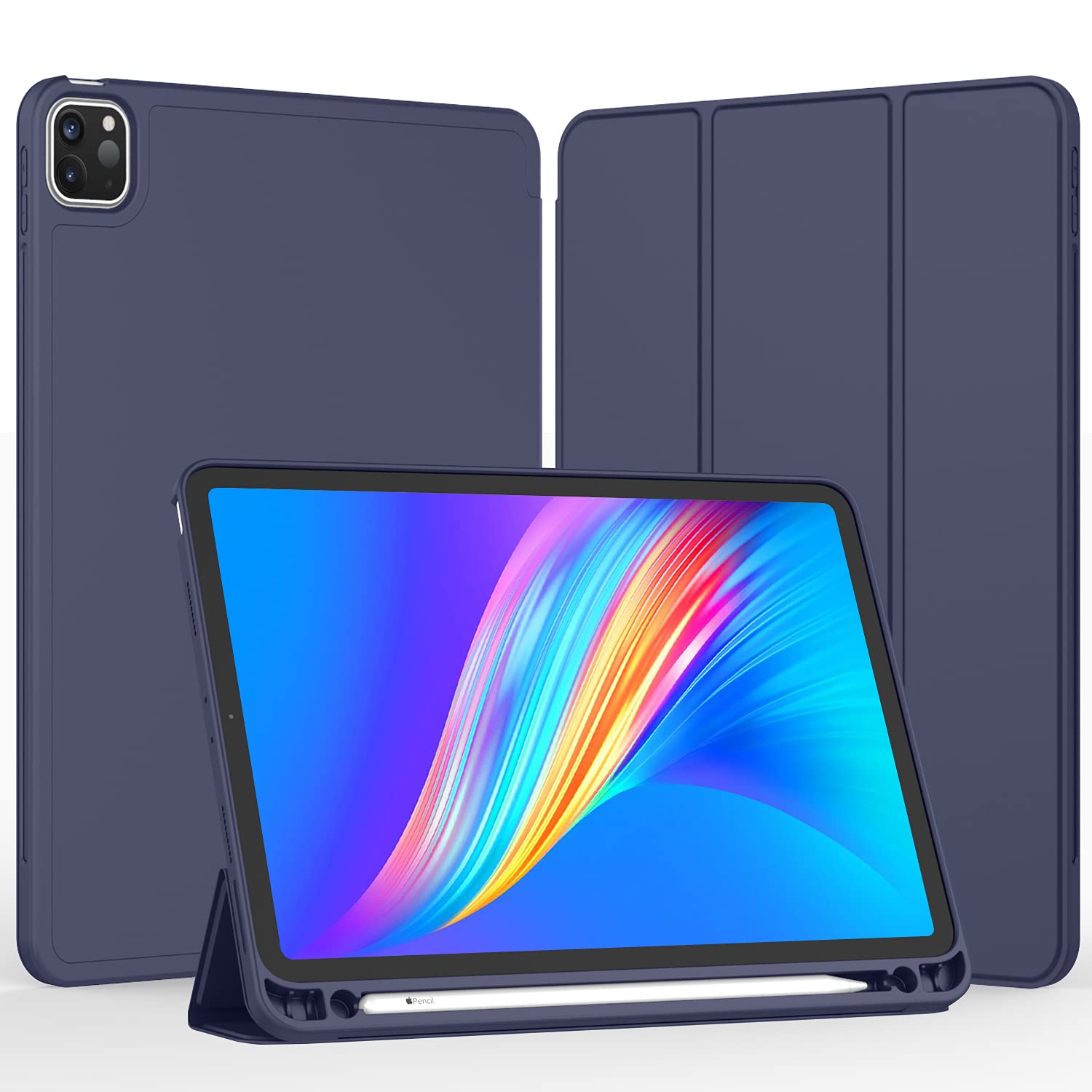 Imieet New Ipad Pro 11 Inch Case 2022(4Th Gen)/ 2021(3Rd Gen) With Pencil Holder [Support Ipad 2Nd Pencil Charging/Pair],Trifold Stand Smart Case With Soft Tpu Back,Auto Wake/Sleep(Dark Blue)