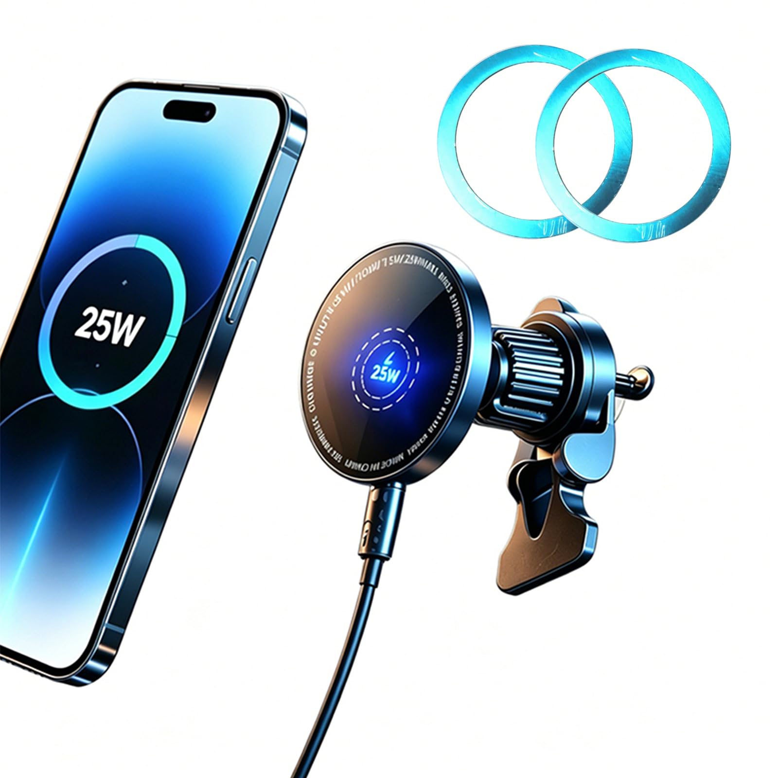 25W Magnetic Wireless Car Charger for Qi2.2 MagSafe with Magnet Ring, [Super Fast Charging & Cooling Metal Body for Heat Disspat