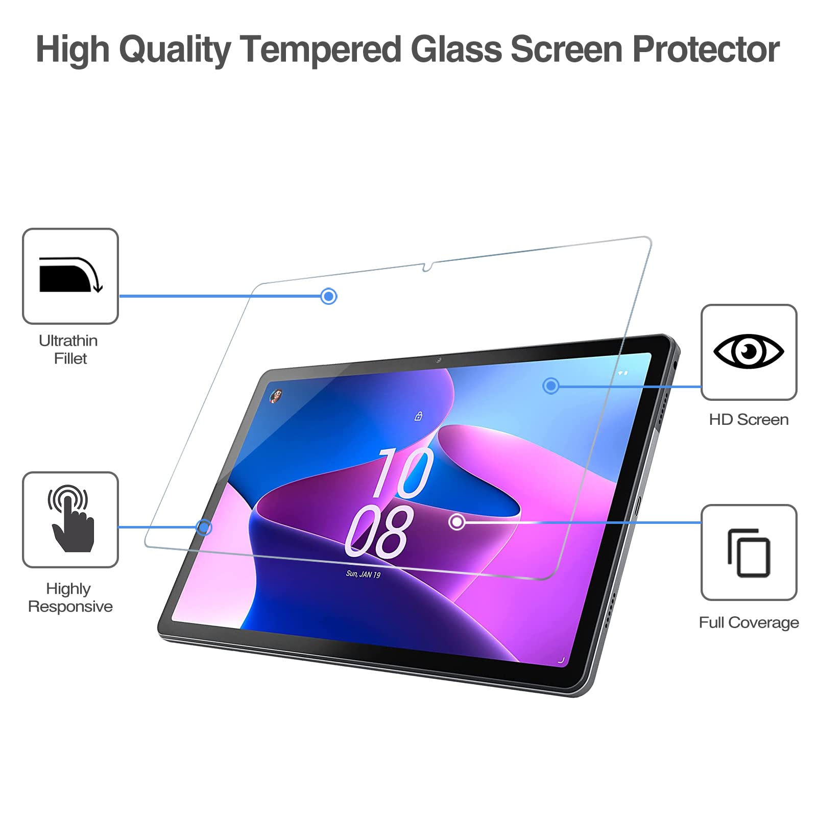 Procase 2 Pack Screen Protector For Lenovo Tab M10 Plus 3Rd Gen 10.6 Inch 2022, Tempered Glass Screen Film Guard For 10.6� Lenovo Tab M10 Plus Gen 3 Tb125Fu Tb128Fu Tb128Xu 2022 Release  Clear