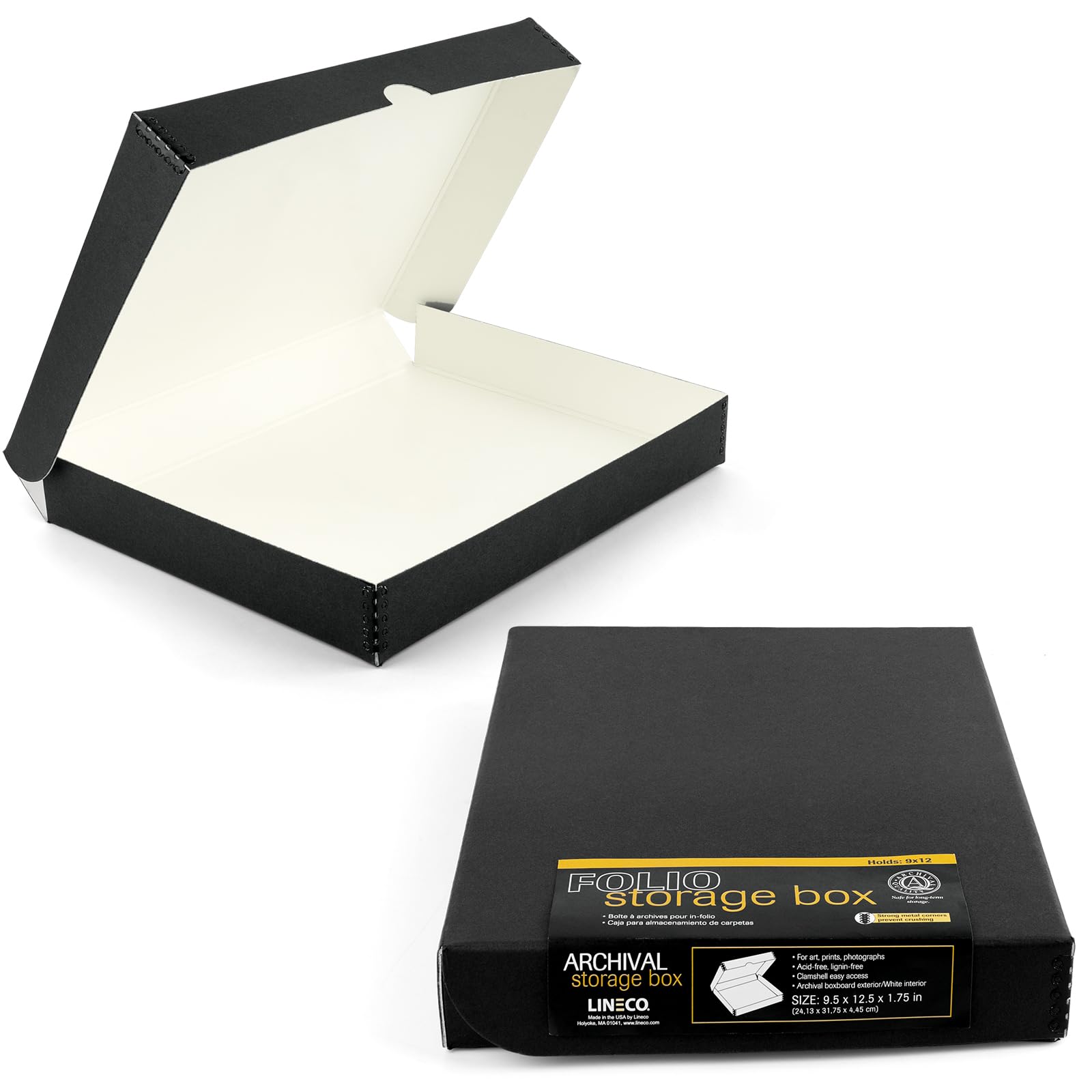 Lineco 9X12 Black Clamshell Archival Folio Storage Box, Acid Free With Metal Edge. Preserves Photos Longevity, Organize Documents, Crafts. (Pack Of 2)
