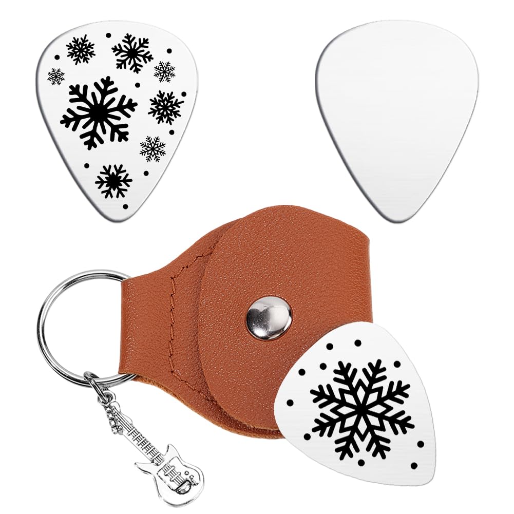 Unicraftale 2Pcs 2 Styles Snowflake Guitar Picks Inspirational Gifts Stainless Steel Guitar Pick Keychain With Brown Pu Leather