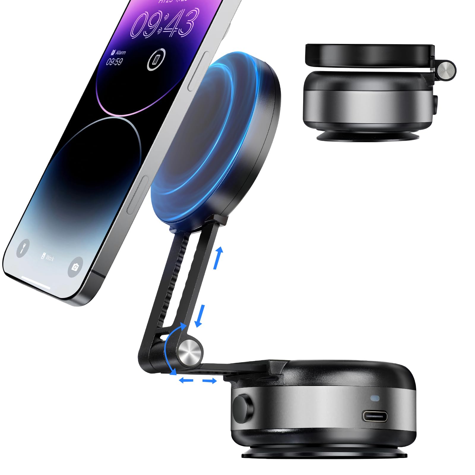 Hepanio Electric Vacuum Magnetic Suction Phone Holder,Adjustable Suction Cup Phone Mount For Car,Foldable Smart Double-Sided Mag