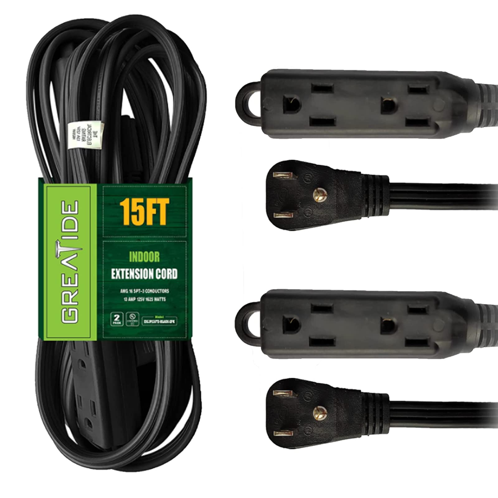 Greatide 15 Ft 3 Outlet Extension Cord With Flat Plug, 3 Prong Grounded, 16/3 Spt 3 Power Cable For Indoor Use, Black, 2 Pack