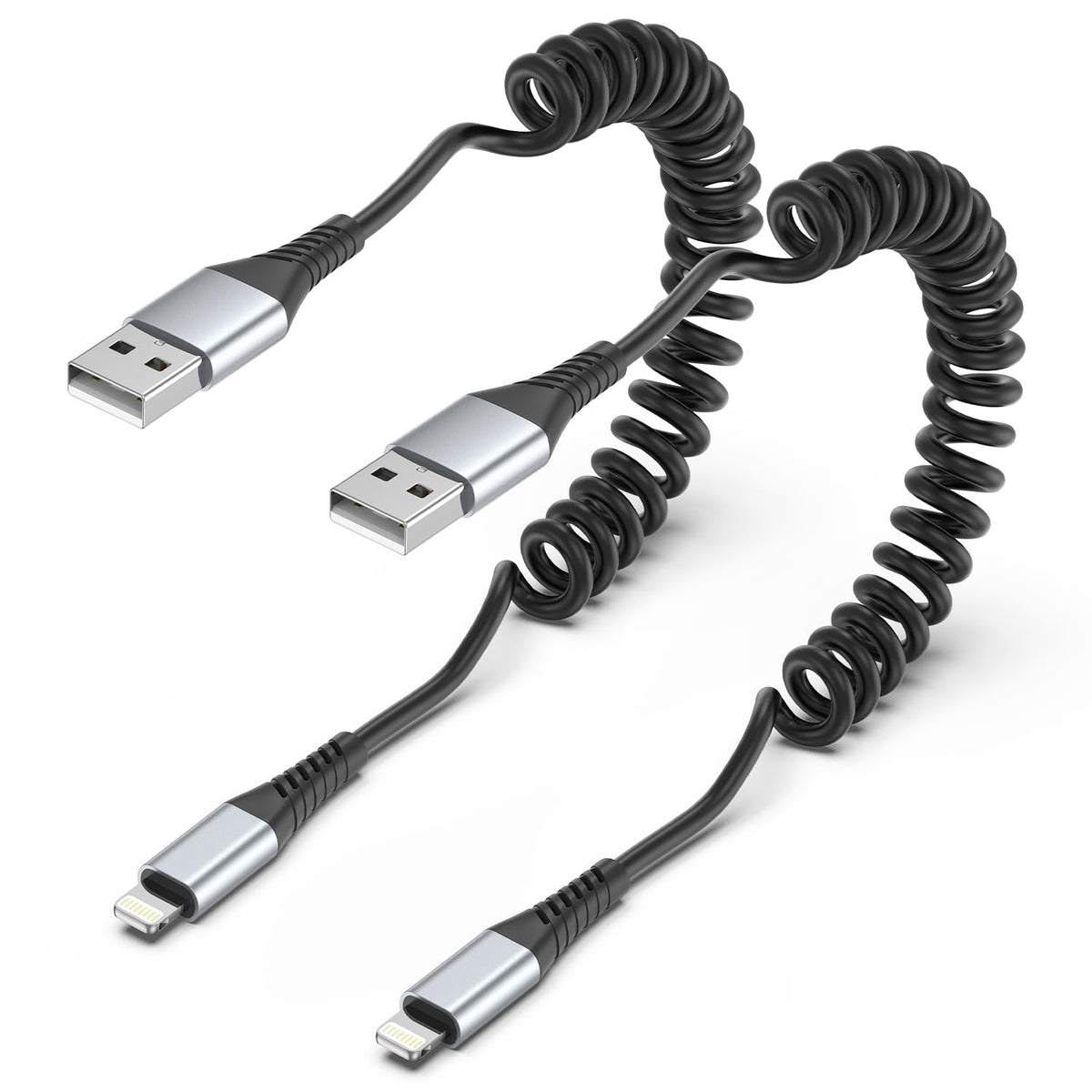 Coiled Lightning Cable, 2 Pack Coiled Iphone Charger Cable For Car Short Retractable Iphone Lightning Cable Compatible With Appl
