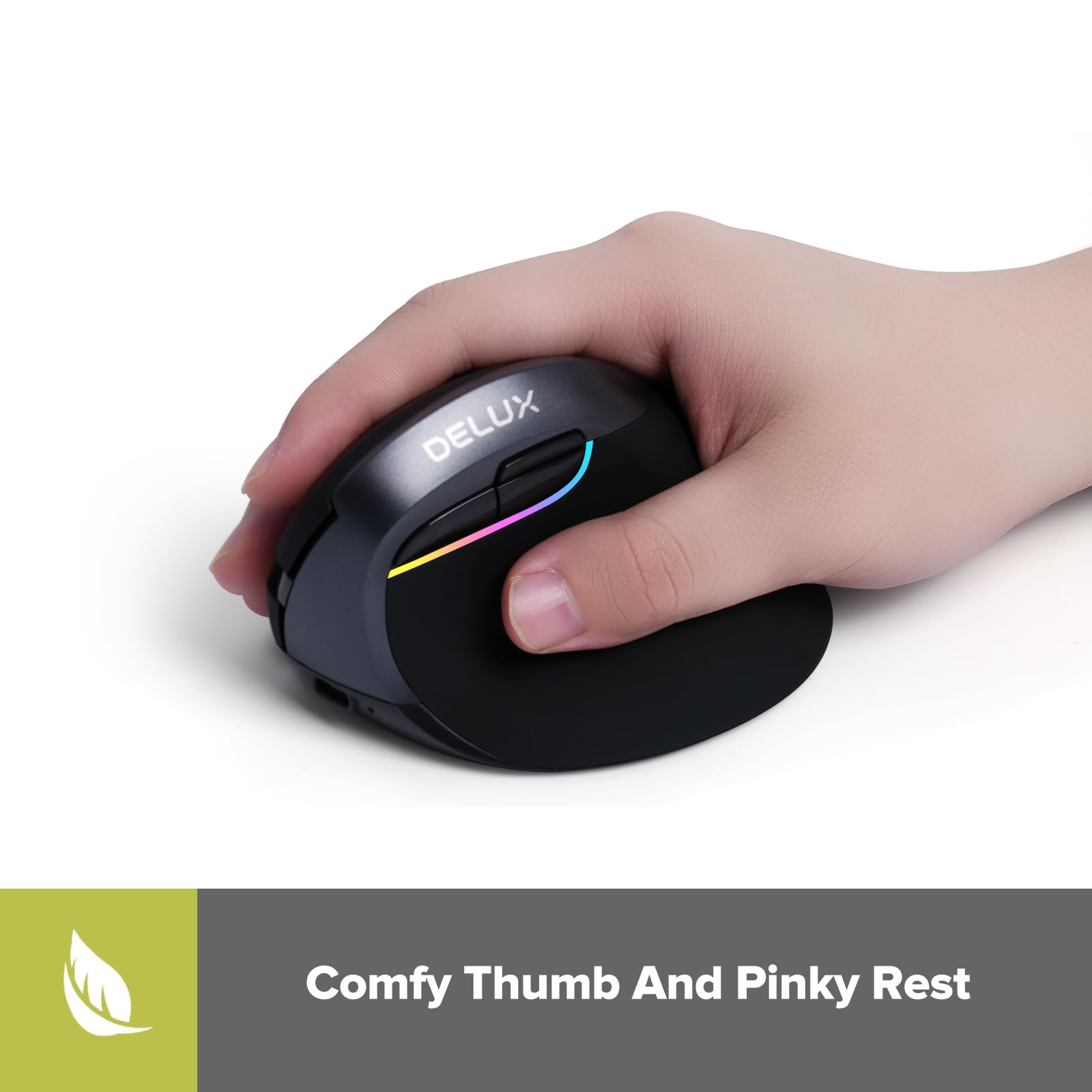 Delux Wireless Vertical Mouse, Small Silent Ergonomic Mouse With Bt 5.0 And Usb Receiver, 6 Buttons And 4000 Dpi, Rgb Rechargeab