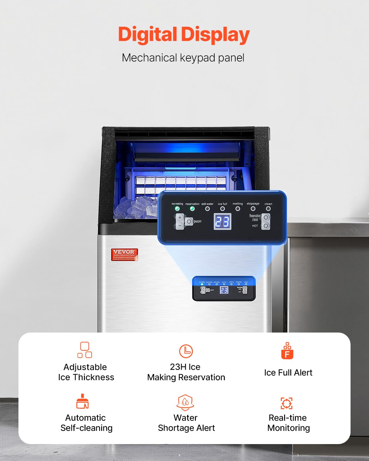 Vevor Commercial Ice Maker Machine, 100Lbs/24H Ice Maker Machine With 16Lbs Storage Capacity, 36 Ice Cubes In 15 Minutes, Led Di