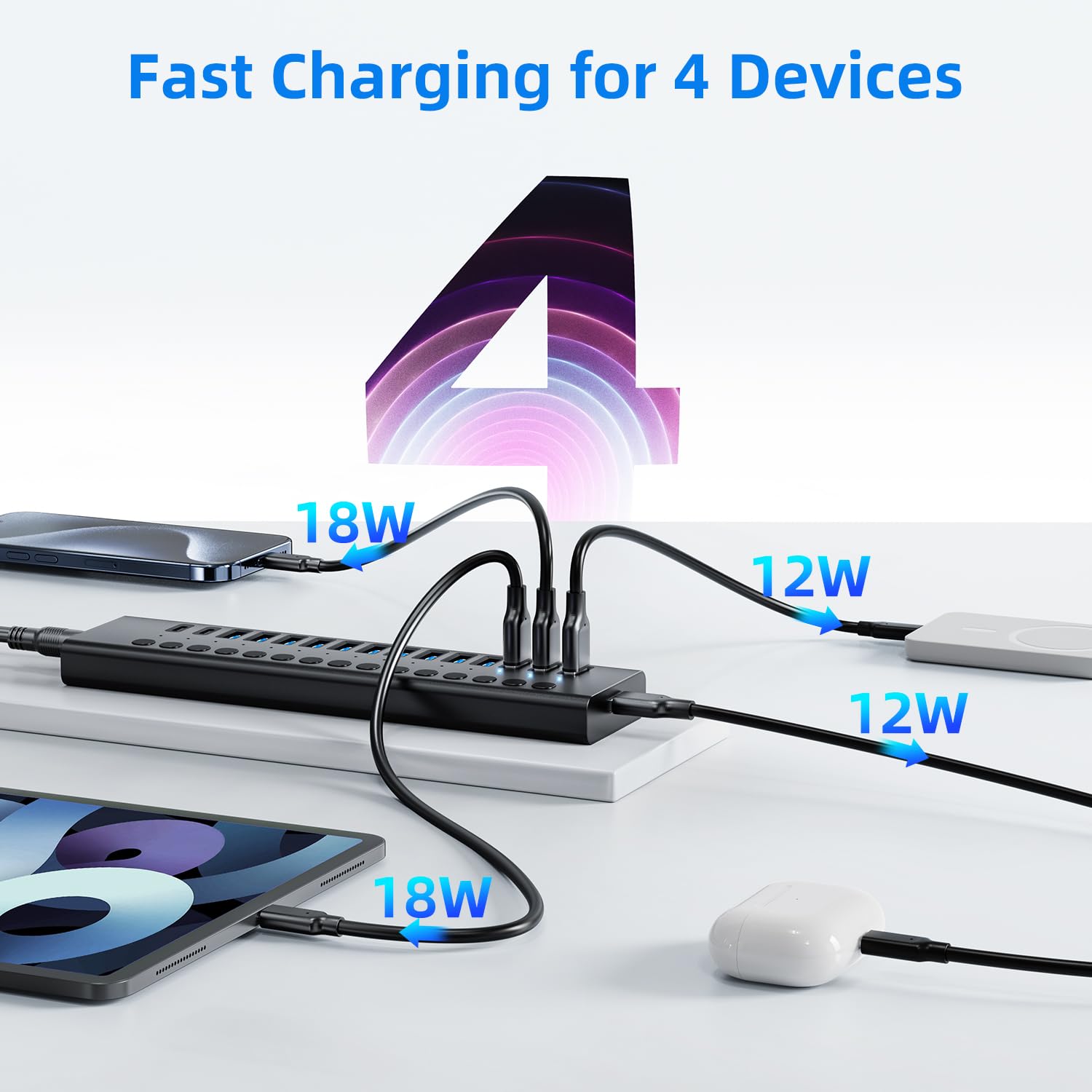Powered Usb 3.0 Hub, 16 Port Usb C Hub Splitter (10 Usb 3.0+2 Qc 3.0+2 Smart Charging+2 Usb C 3.0) With Individual Switches, 12V