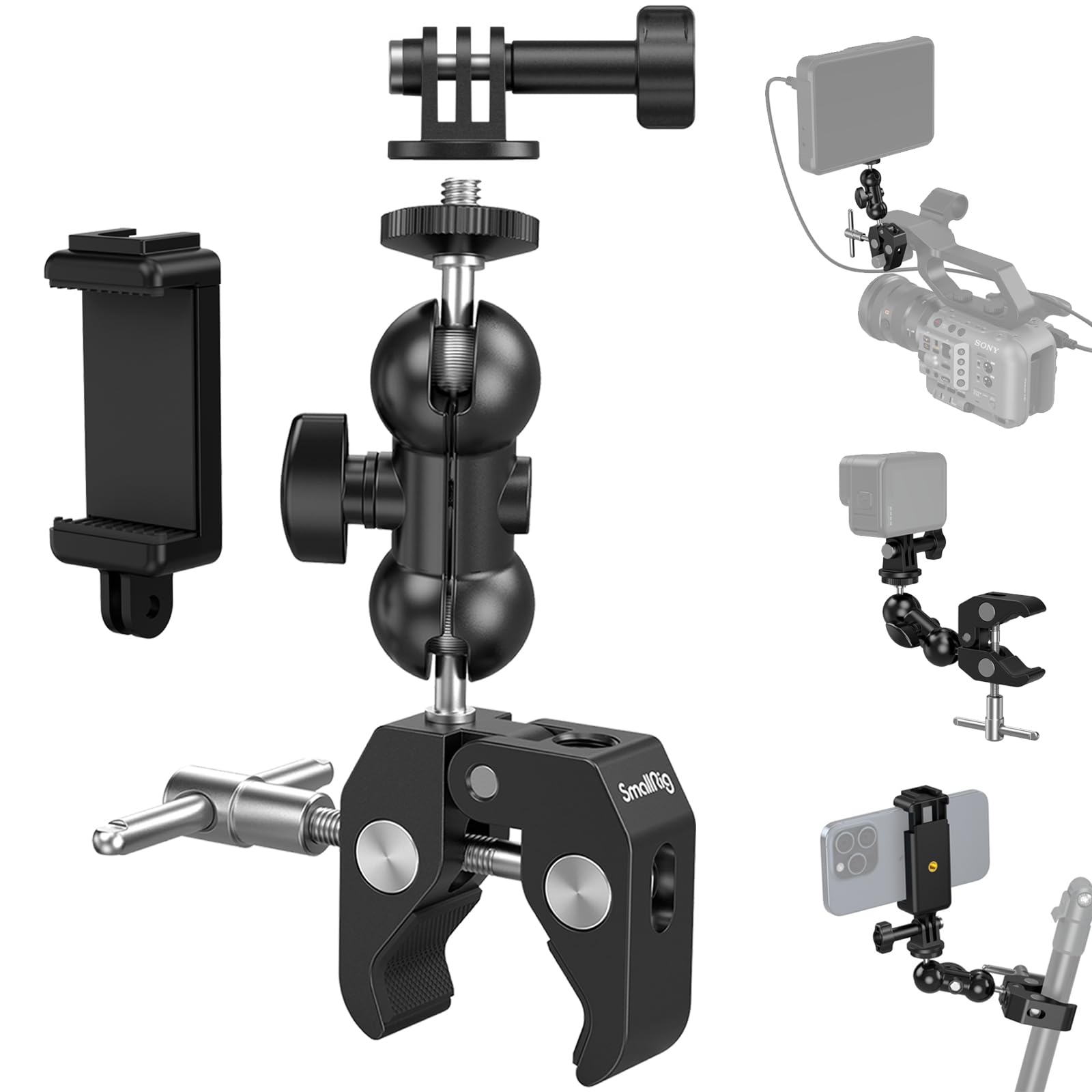 SMALLRIG Camera Mount Clamp Kit, Ball Head Magic Arm with Clamp, Super Clamp with Non-Slip Threads, for Gopro, Webcam, Camera, P