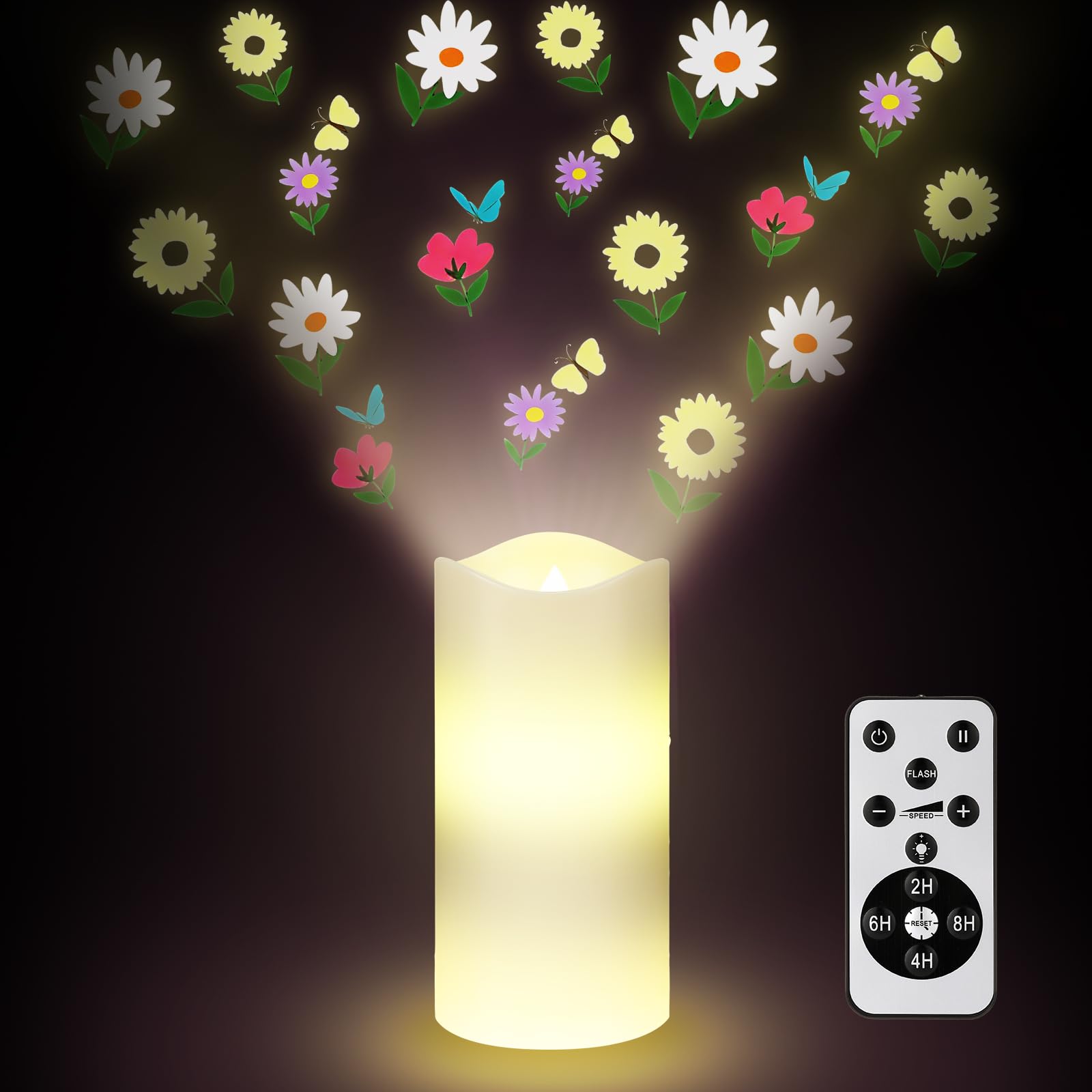 Baquler Spring Flower Flameless Candles Projector Wildflower Lights Gift Floral LED Candle Night Light Battery Operated with Rem