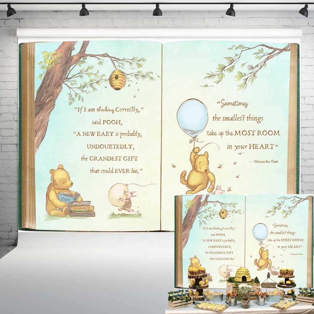 Claasic Pooh Bear Baby Shower Backdrop For Boy Retro Giant Book Spring Tree Vintage Background Newborn Quote Blue Yellow Tinge B