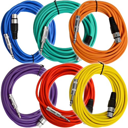 Seismic Audio - Satrxl-F25Bgoryp - 6 Pack Of 25 Ft Xlr Female To 1/4'' Trs Patch Cable Snake Cords Balanced - Multiple Colors