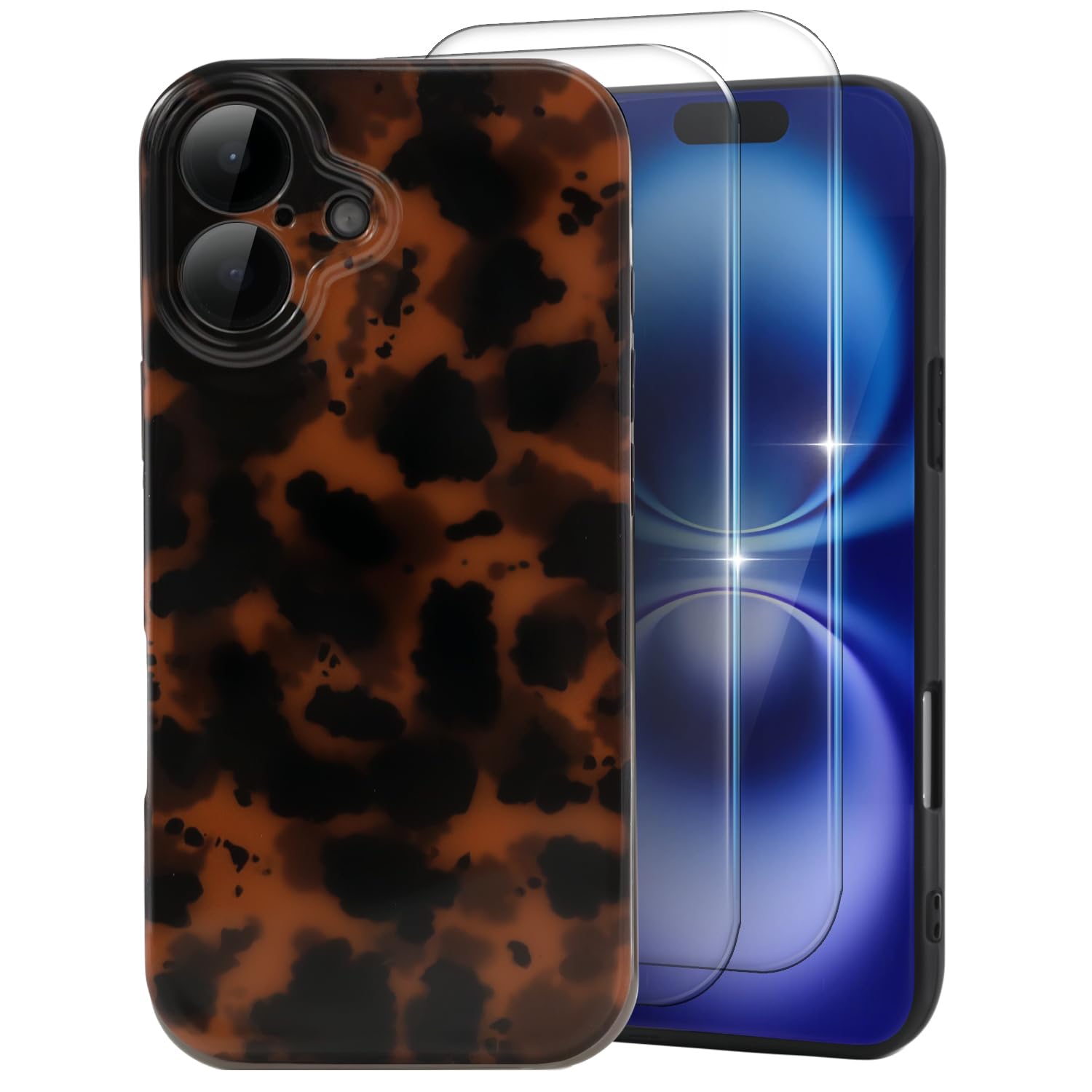 MYY Cute Phone Case for iPhone 16, [with 2X Screen Protector] Tortoise Shell Pattern Leopard Full Camera Protective Slim Shockpr