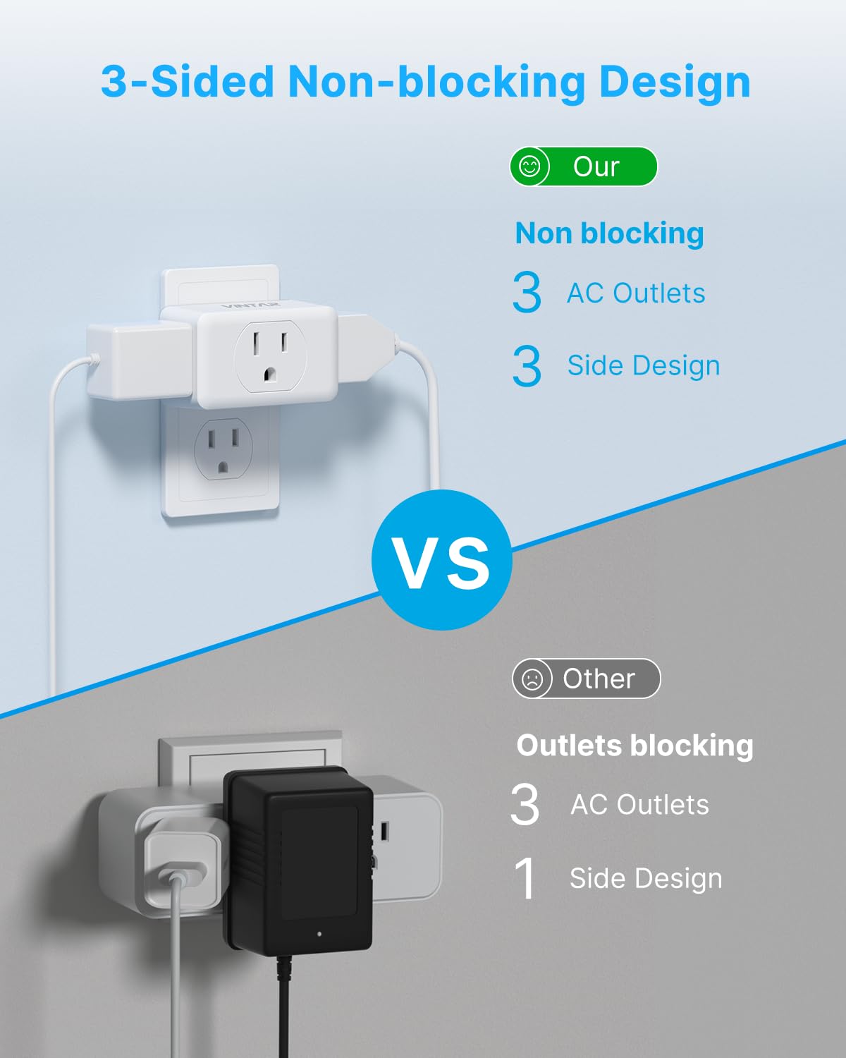 Multi Plug Outlet Extender, Vintar 3 Outlet Adapter, Multiple Outlet Splitter, Grounded Wall Tap Adapter, Power Plug Expander Fo