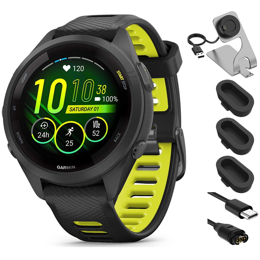 Garmin 010-02810-03 Forerunner 265S Gps Smartwatch Black/Amp Yellow Bundle With Deco Essentials Charging Dock, Silicone Dust Cov