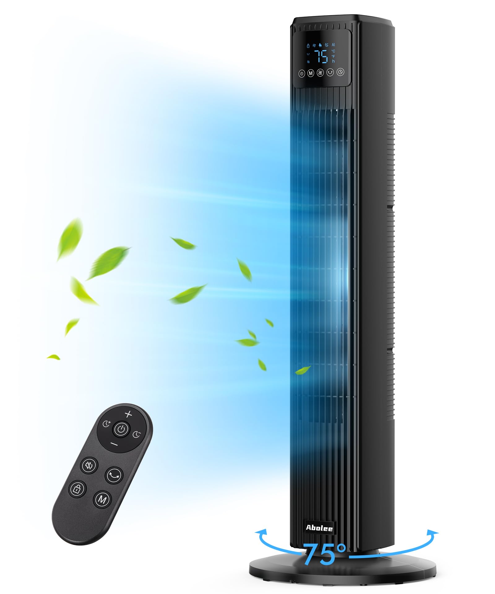 Abolee Tower Fan For Bedroom, Quiet Floor Fan With Remote, 90 Oscillating Fans With 4 Speeds, 4 Modes, 27Ft/S Velocity, 12H Time