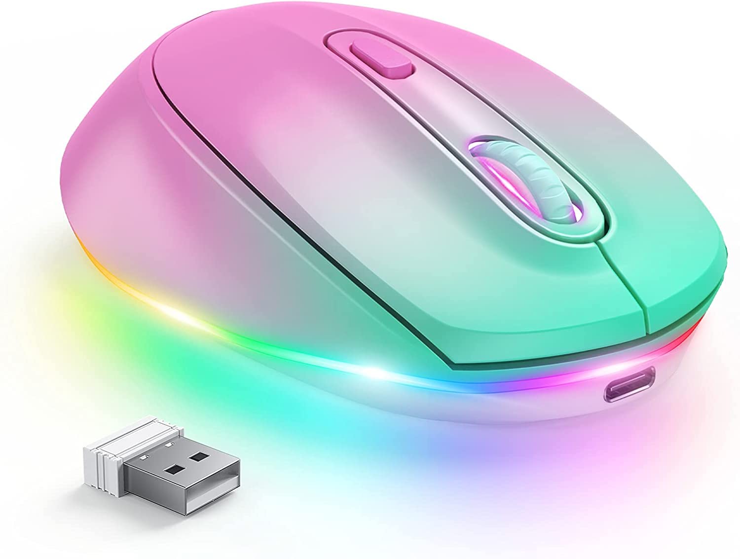 Seenda Wireless Mouse, Rechargeable Light Up Mouse For Laptop, Small Cordless Mice With Quiet Click Led Rainbow Lights For Pc Computer Kids Chromebook Windows Mac, Gradient Purple