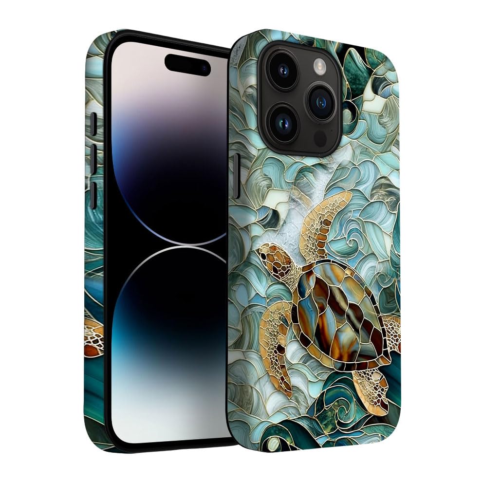Yuzbira for iPhone 14 Pro Case | Stained Glass Ocean Sea Turtles | Slim Drop Protection Design