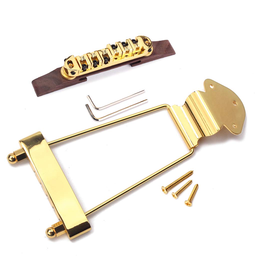 Ogdni 6 String Guitar Trapeze Tailpiece Bridge And Roller Tune O Matic Saddle Bridge For Jazz Archtop Guitar Replacement (Gold)