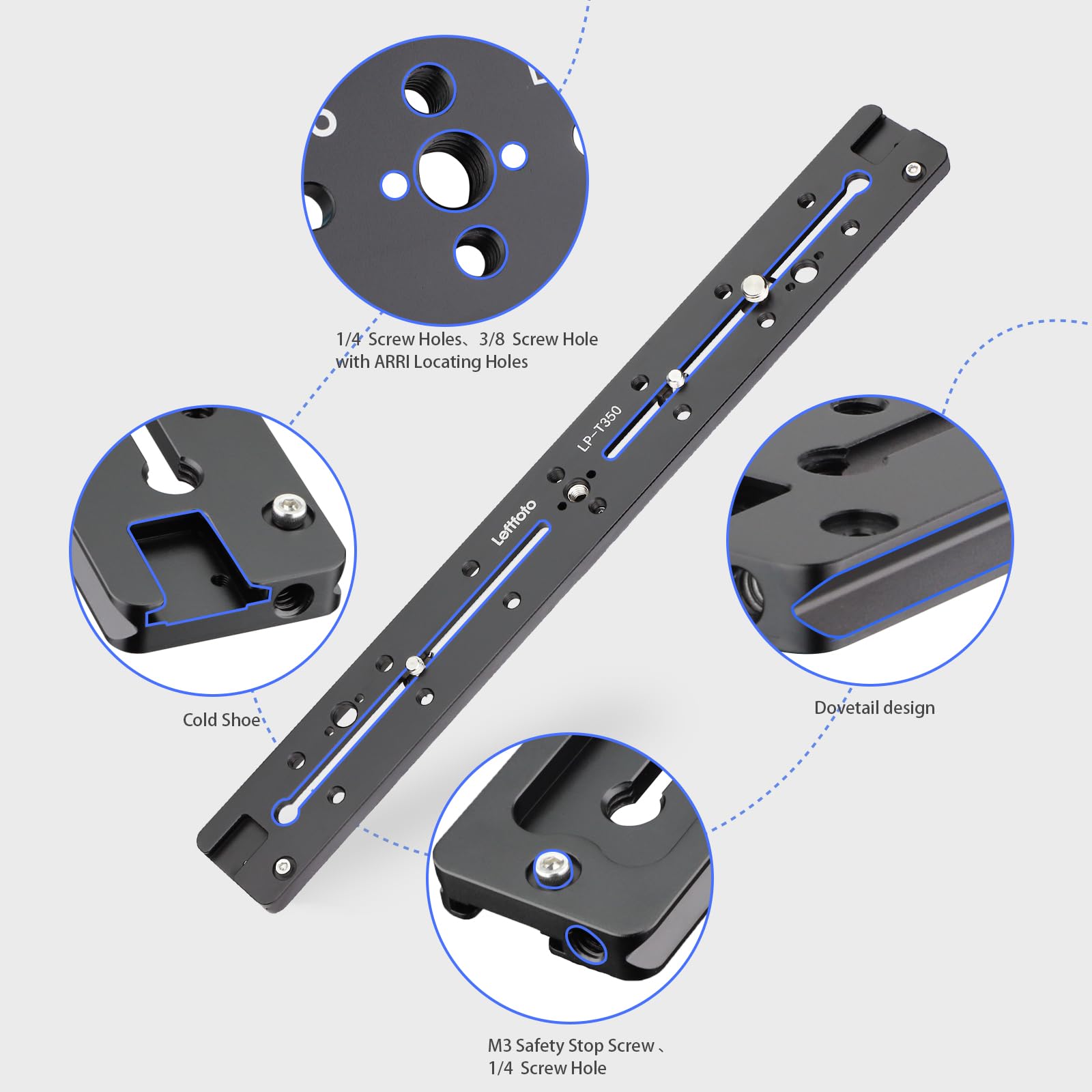 Leftfoto 350Mm Double Dovetail Slide Rail With Arca Swiss Quick Release Plate,Locating Hole For Arri,1/4'' & 3/8'' Threads,Cold
