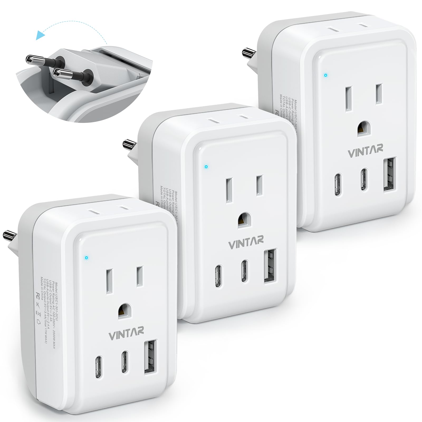 [3 Pack] European Travel Plug Adapter, Vintar Foldable International Plug Adapter With 2 Ac Outlets And 3 Usb Ports(2 Usb C),Typ