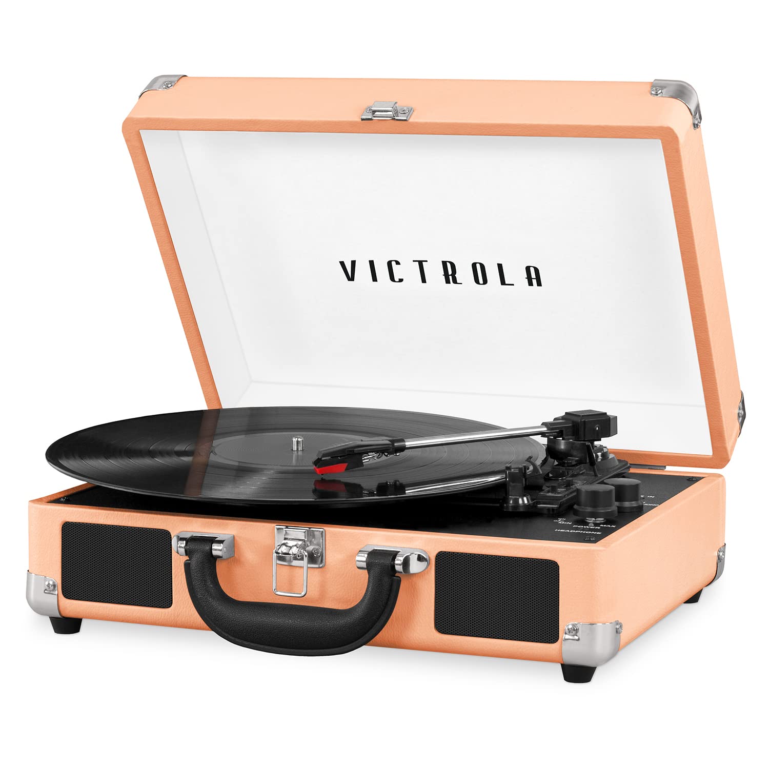 Victrola Vintage 3 Speed Bluetooth Portable Suitcase Record Player With Built In Speakers | Upgraded Turntable Audio Sound|Peach