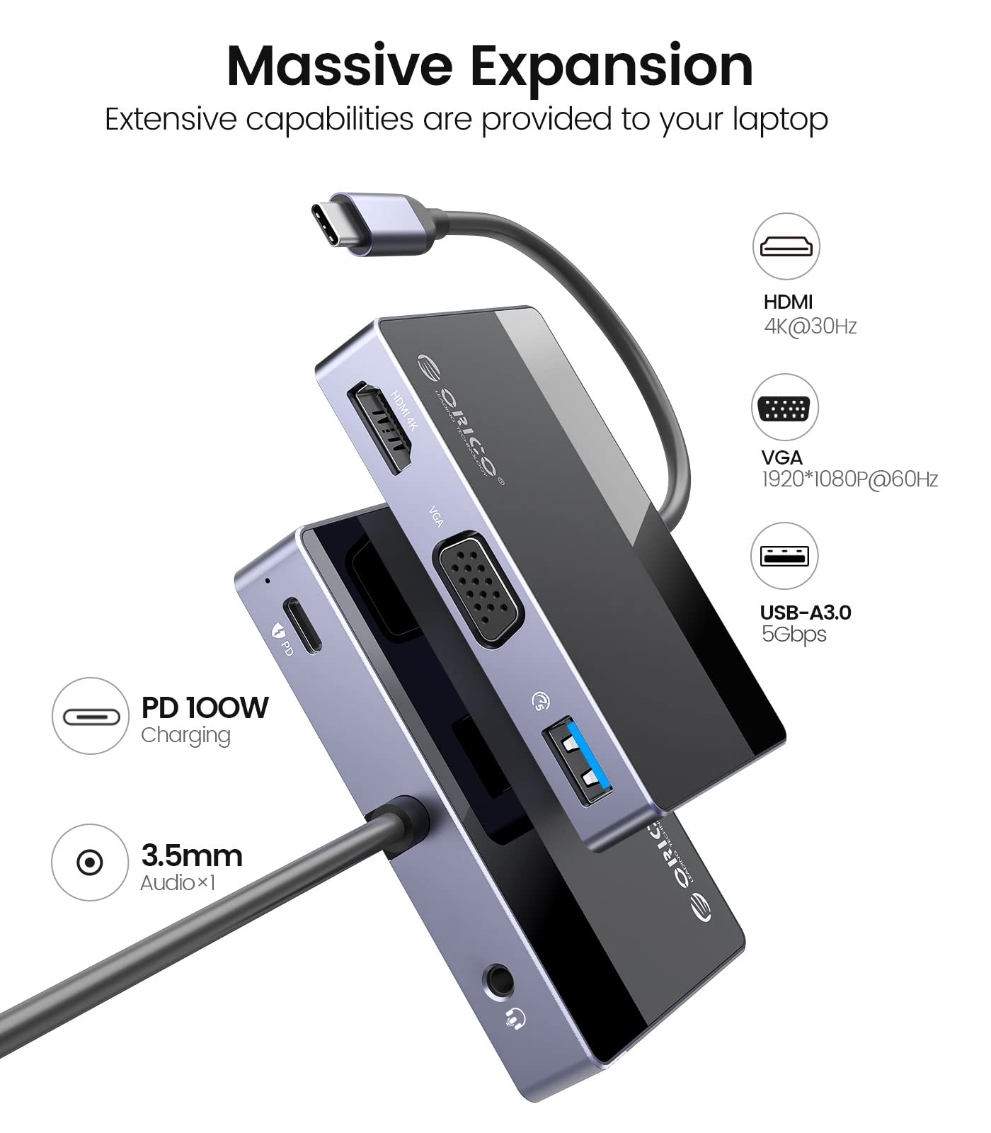 ORICO 5 in 1 USB C Hub USB C Multiport Adapter with 4K HDMI, VGA, 100W PD, 5Gbps USB A3.0�1, 3.5mm Audio�1, USB C Dock for MacBook Pro/MacBook Air/Dell/HP/Lenovo