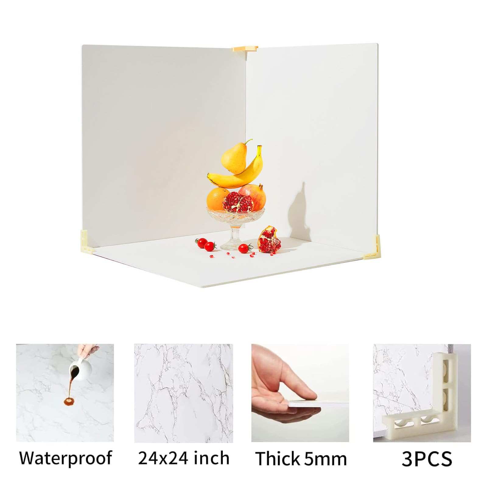 Beiyang Food Photography Backdrops 24X24 Inch Marble Photo Backdrop Boards 3Pcs White Photography Backdrop Boards With 3 Bracket