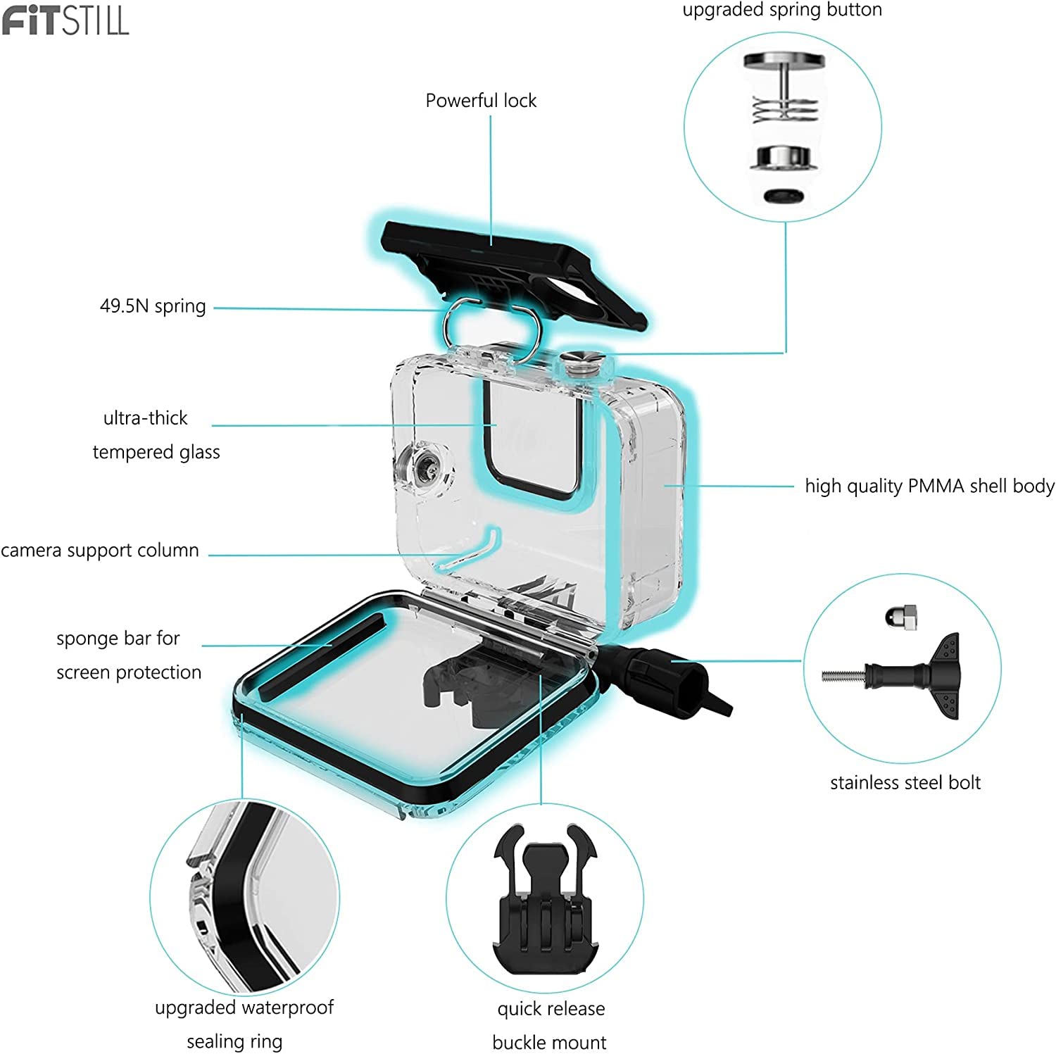 Fitstill Waterproof Case For Go Pro Hero 8 Black,60M/196Ft Protective Underwater Dive Housing Shell With Bracket Accessories For