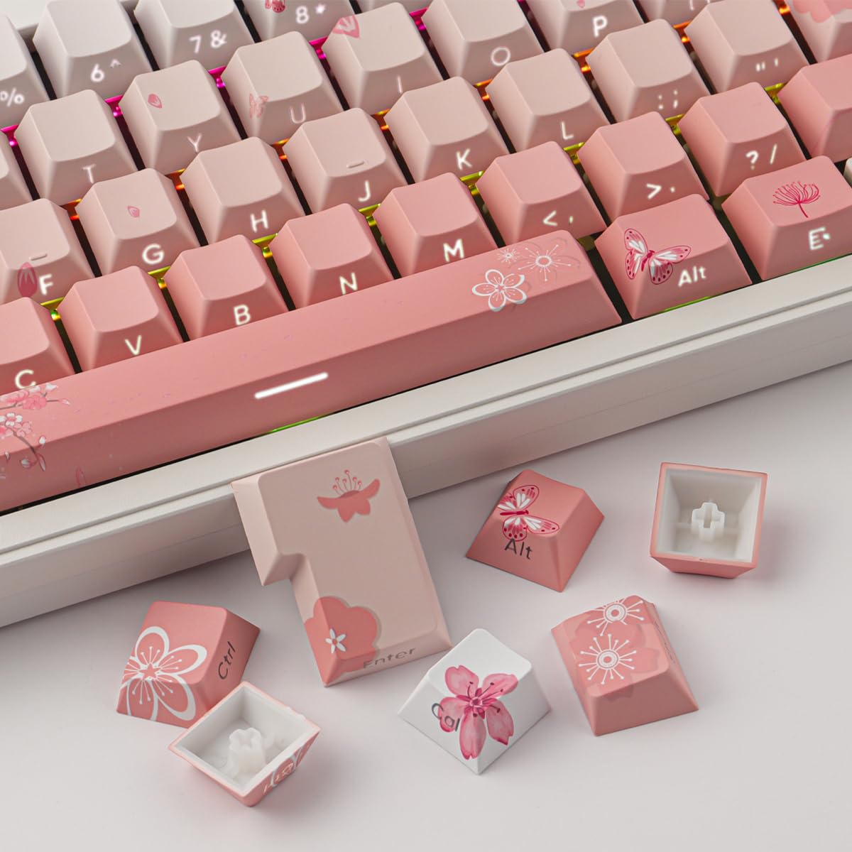 Tsungup Pbt Keycaps Cherry Blossom Keycap Set   Custom Side Printed Pink Keycaps,135 Keys Gradient Keycaps Doubleshot Sakura Key