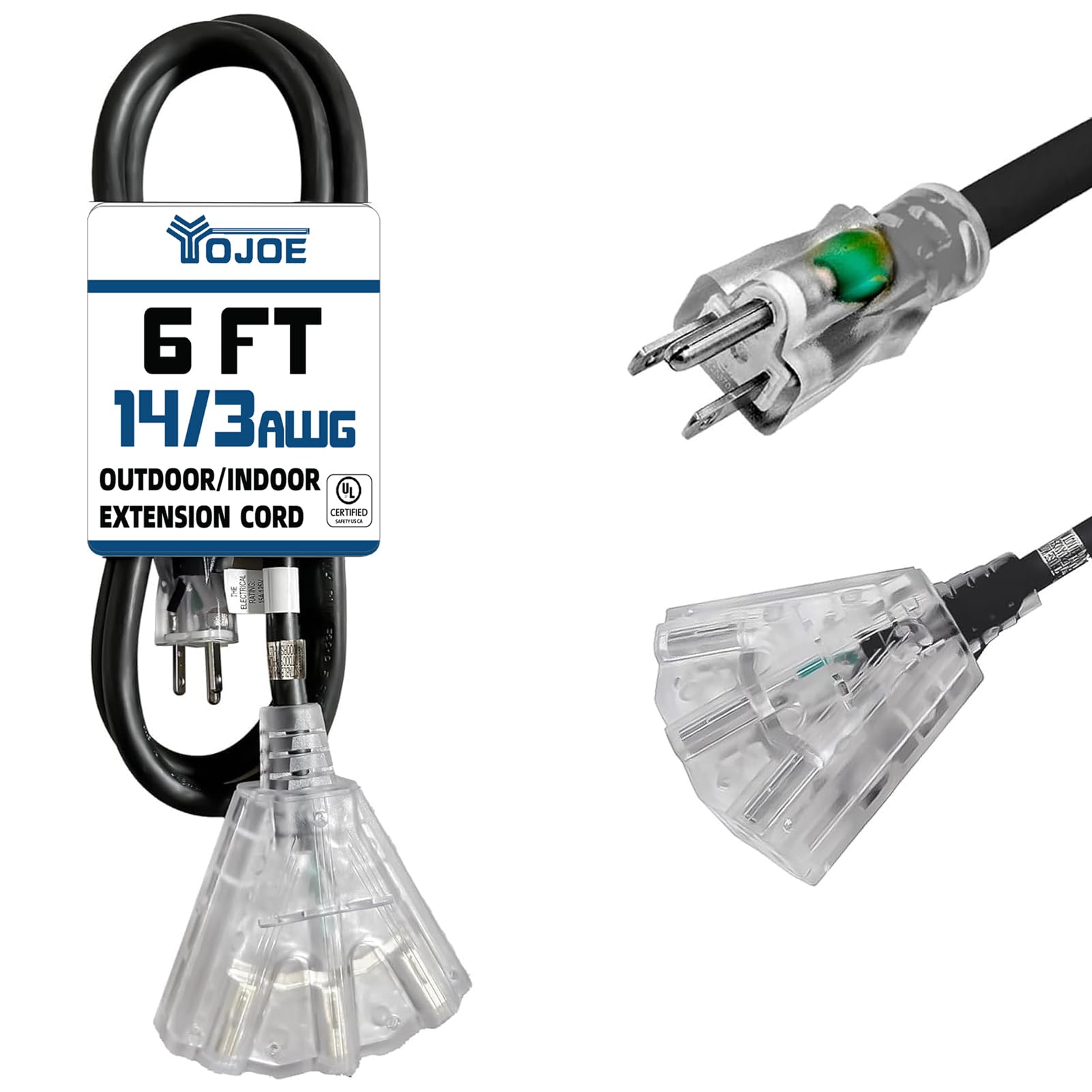 Yojoe 3 Outlets Indoor Outdoor Extension Cord With Lighted End, 3 Prong 15A Weatherproof Power Cord, 14 Gauge Heavy Duty 6 Ft Bl