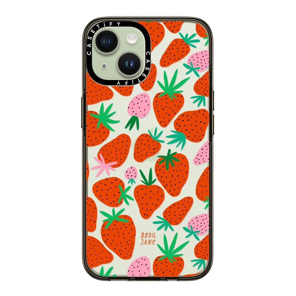 Casetify Compact Case For Iphone 15 [2X Military Grade Drop Tested / 4Ft Drop Protection]   Strawberries   Clear Black