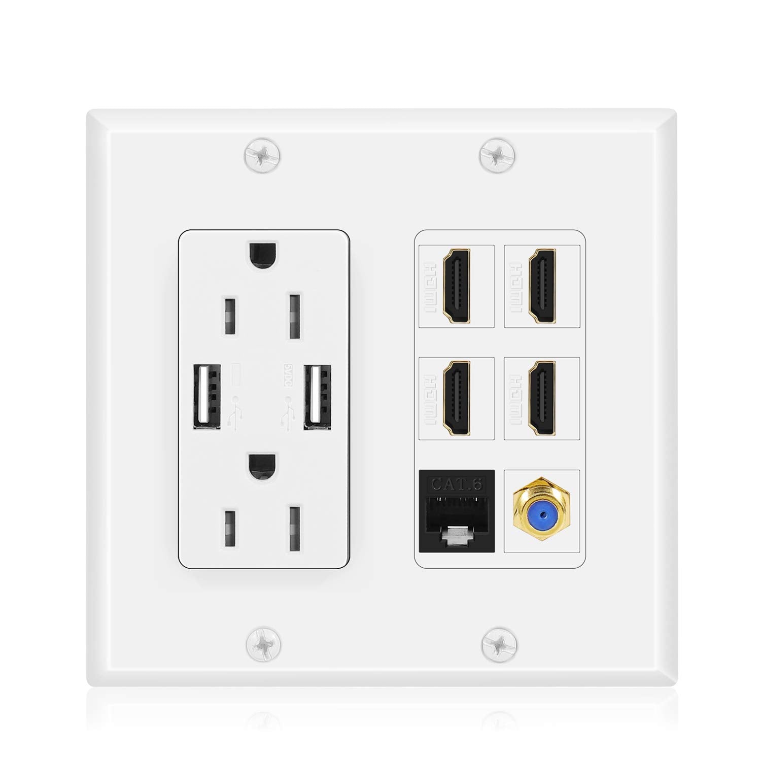 Tnp Multimedia Outlet Box (White)   Hdmi Outlet Wall Plate With Usb Charging, Usb Wall Plate Charger And Power Outlet 15A, 4 Hdm