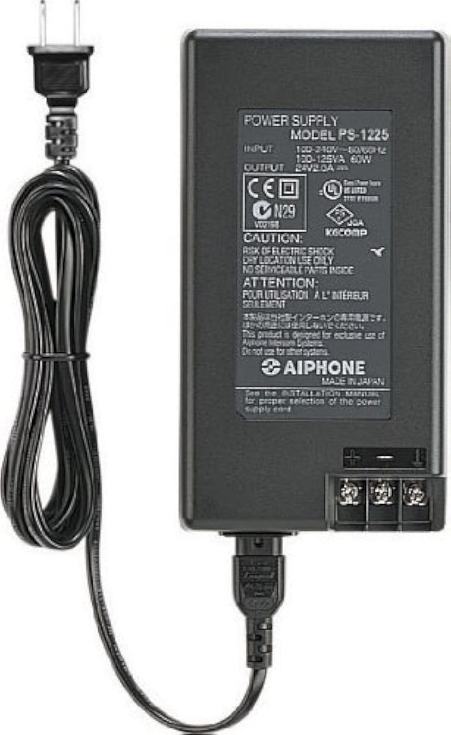 Aiphone Corporation PS-1225UL 12V DC, 25A Power Supply for LEF Series, MP-S Series, TD-Series, or NEW-5, Fire-Retardant, ABS Pla