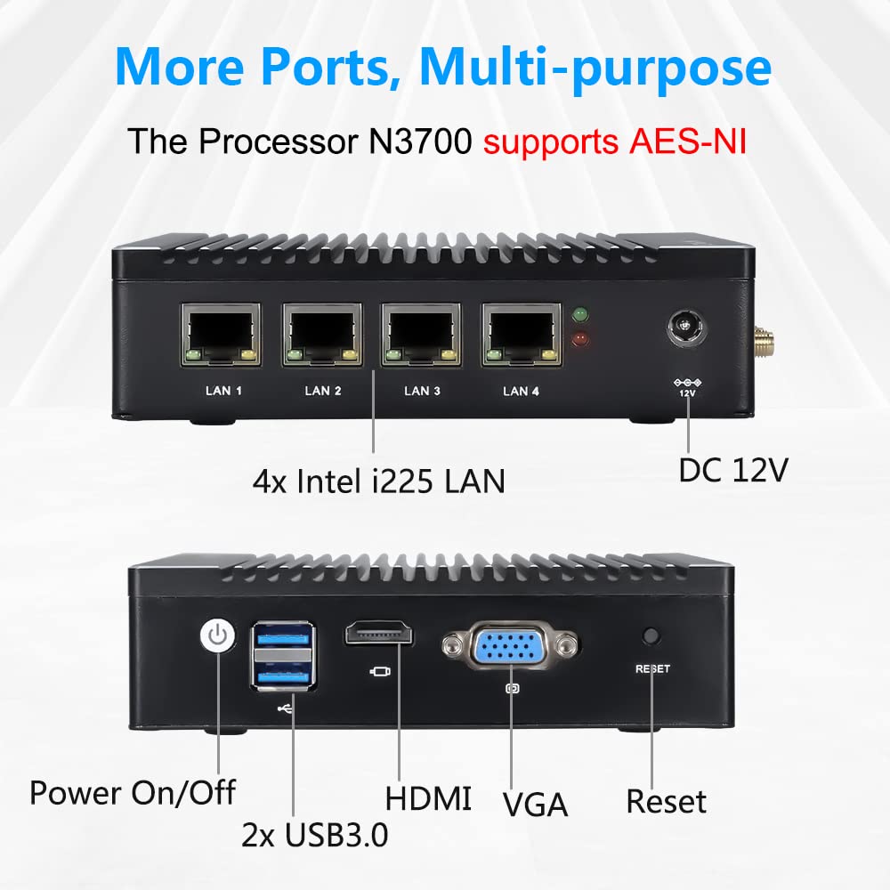 Vnopn Micro Firewall Appliance In Tel N3700 Quad Core, Fanless Mini Pc 4 In Tel 2.5Gbe I225 Lan Ports 8Gb Ram Ddr3 128Gb Msata S
