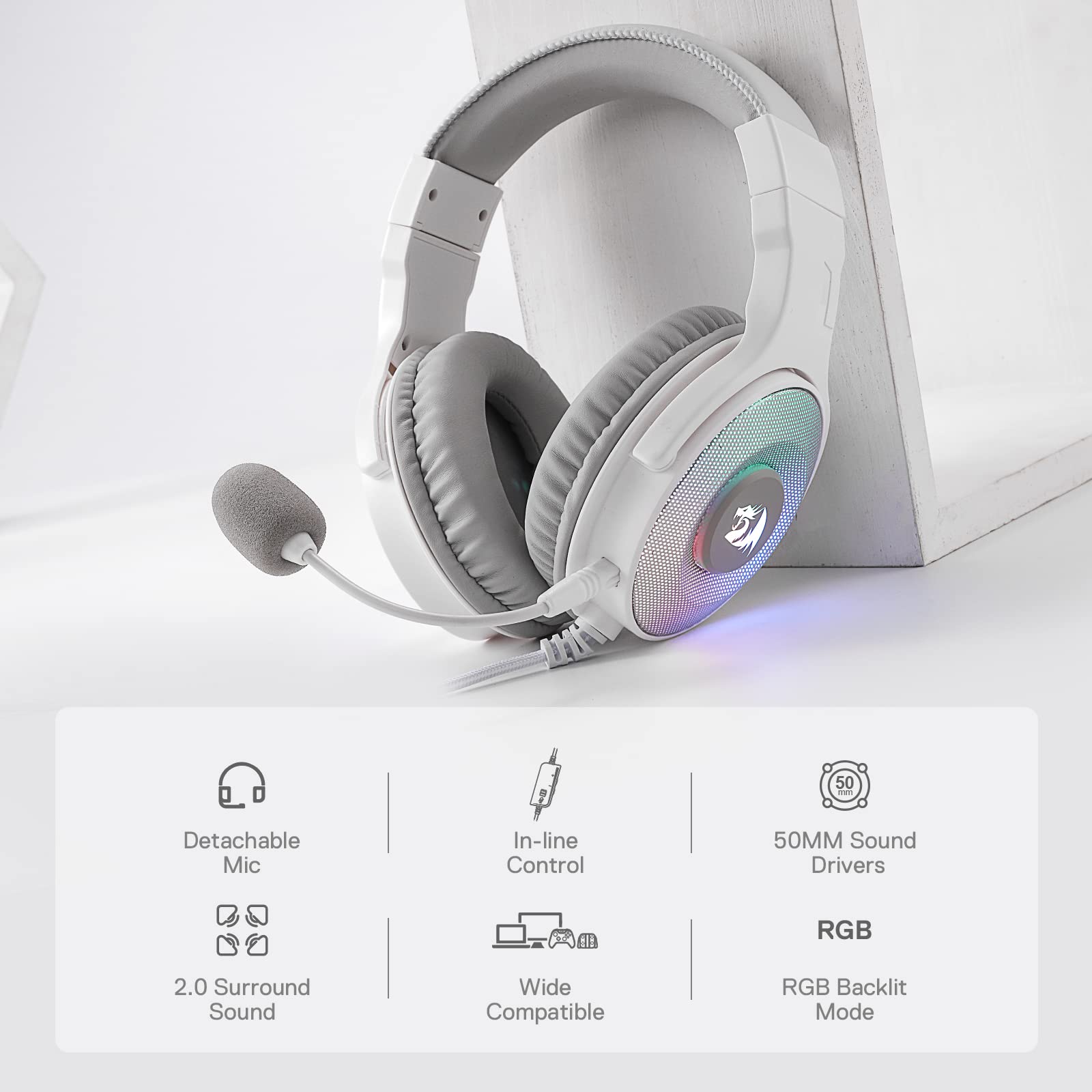 Redragon H350 White Wired Gaming Headset, Dynamic Rgb Backlight - Stereo Surround-Sound - 50Mm Drivers - Detachable Microphone,
