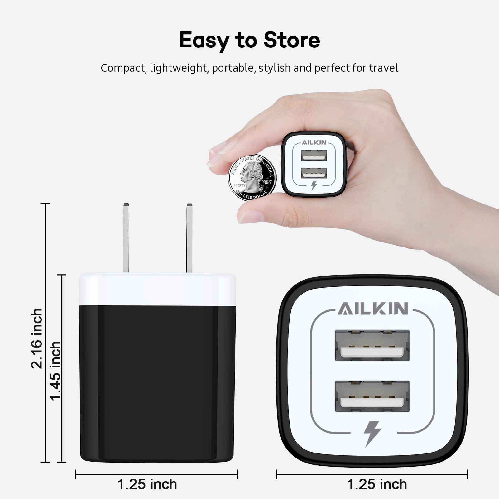 Usb Wall Charger, Charger Block, Ailkin 2.1A Multiport Fast Charge Power Brick Cube For Ipad, Iphone, Samsung Galaxy, Google Pix