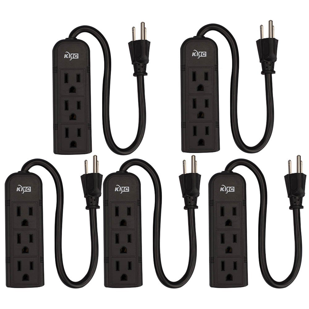 Kmc 3 Outlet Power Strip Power Extension Cord 5 Pack,Outlet Saver,1 Foot Cord, Etl Listed