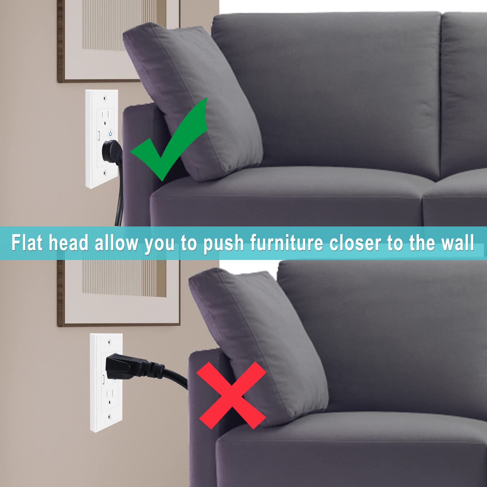 2Pack 1.5Ft 1 To 3 Way Power Extension Cord Splitter   18Inch 3 Outlet Power Splitter, 45 Degree Flat Plug Sjtw 16Awg 3 Prong Bl