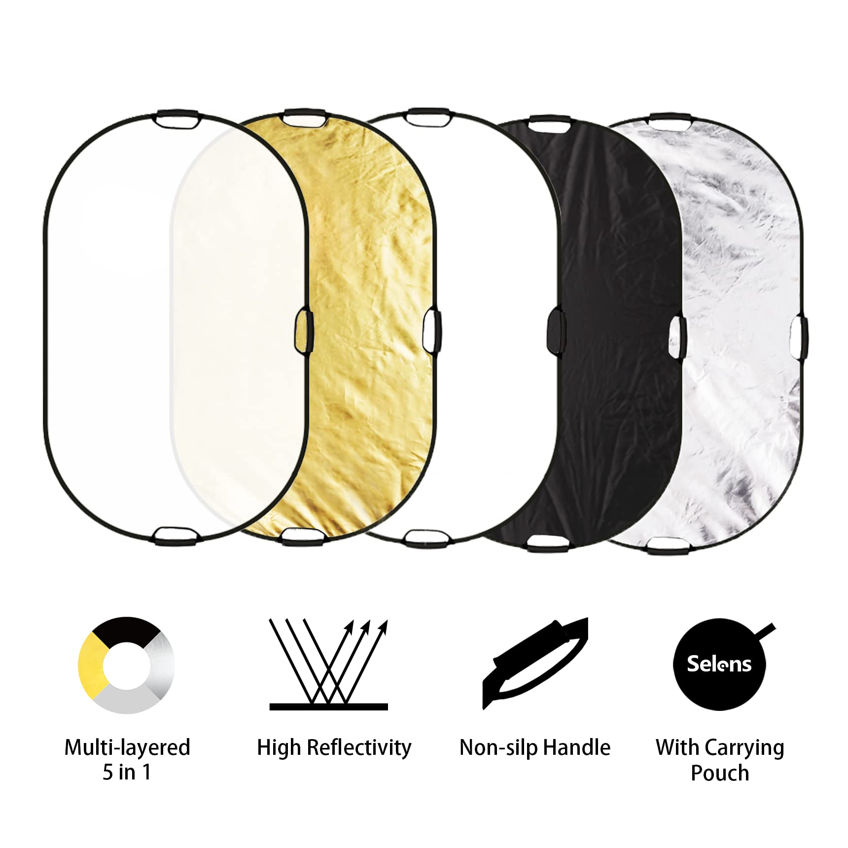 Selens 5 In 1 Oval Reflector With Handle For Photography Photo Studio Lighting & Outdoor Lighting (59 X 39 Inch)