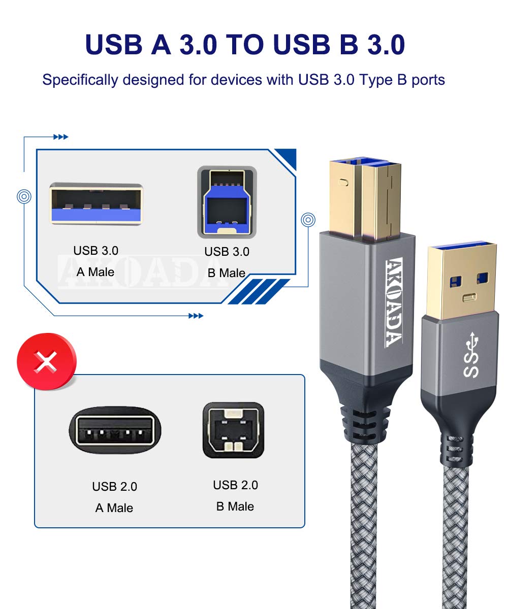 Akoada Usb A To Usb B 3.0 Cable (10Ft), Durable Nylon Braided Type A To B Male Cable Compatible With Printers, Monitor, Docking Station, External Hard Drivers, Scanner, Hub And More Devices(Grey)