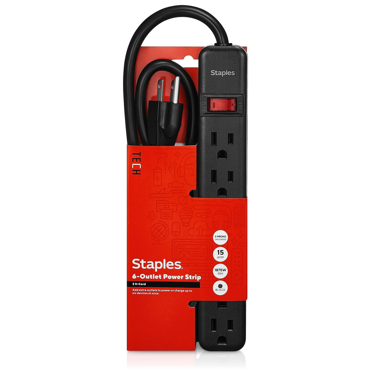 Staples 398790 3-Ft Cord 6-Outlet Power Strip Black (22148)
