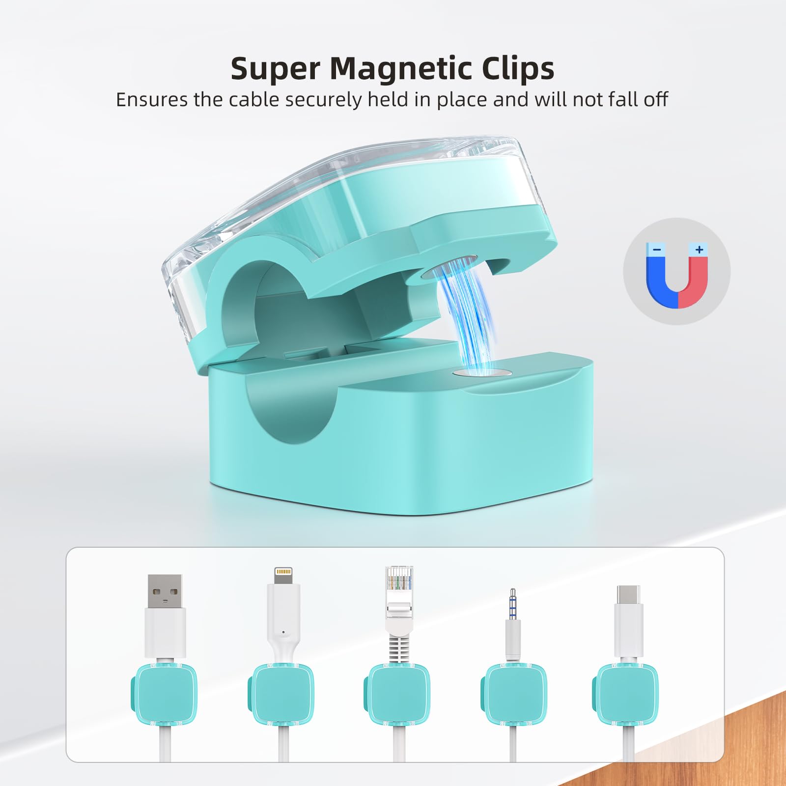 TIKIWIK 6 Pack Magnetic Cable Clips Under Desk Cord Organizer Plastic Clear Blue
