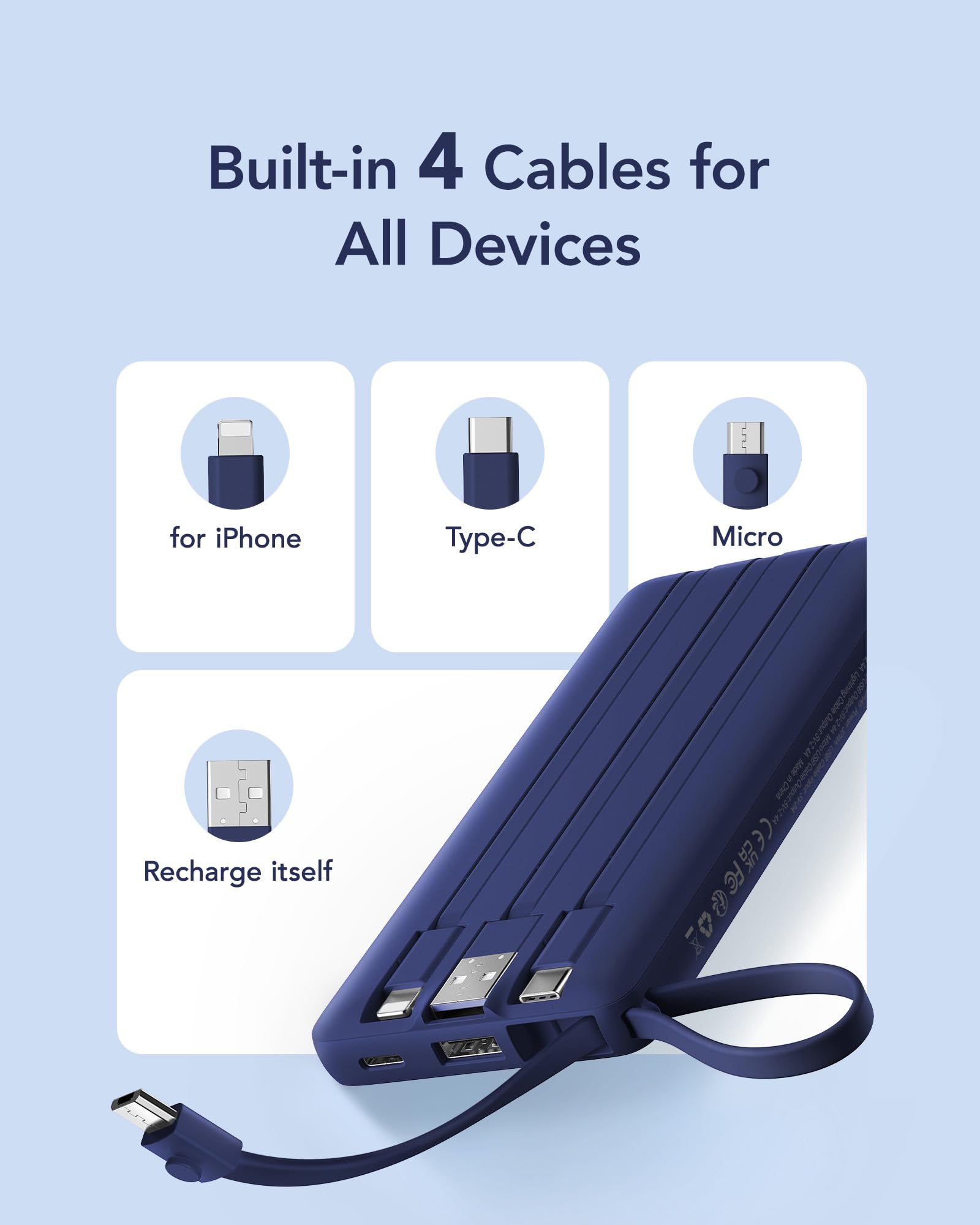 Vrurc Portable Charger Power Bank, 10000Mah Travel Essentials, 5 Outputs 2 Inputs Slim Battery Pack Built-In Cables Cords Compat